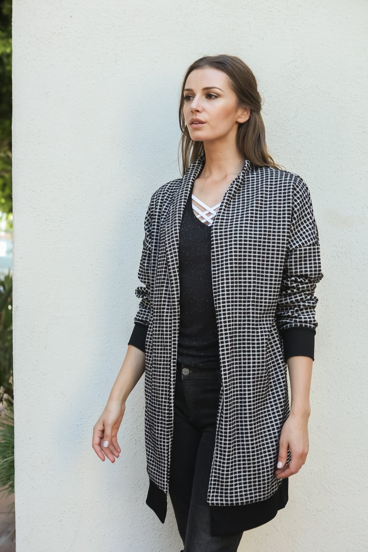 Women Gingham Checkered Casual Open Front Sweater Knit Longline Cardigan - Shop Lev