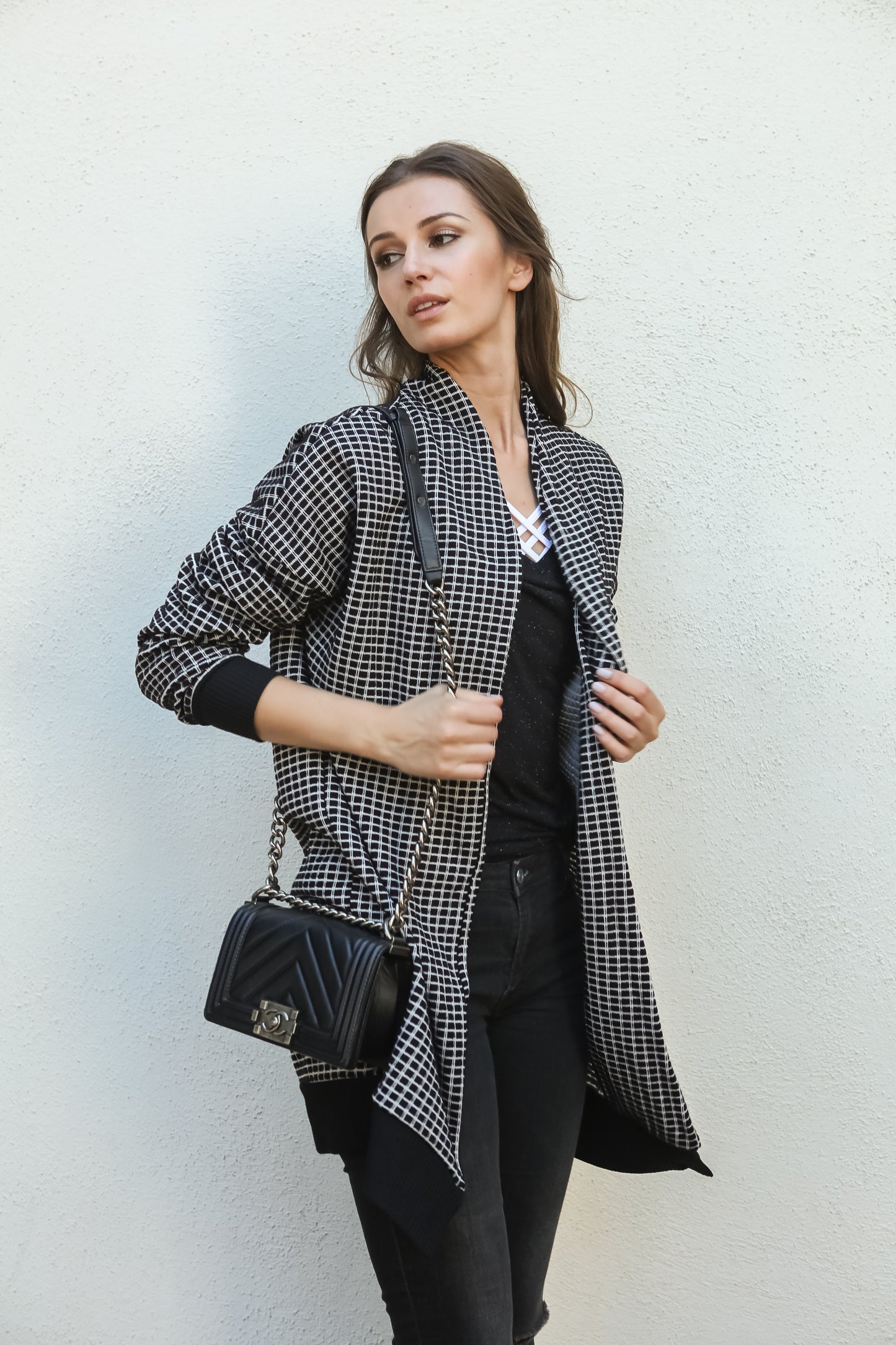 Women Gingham Checkered Casual Open Front Sweater Knit Longline Cardigan - Shop Lev