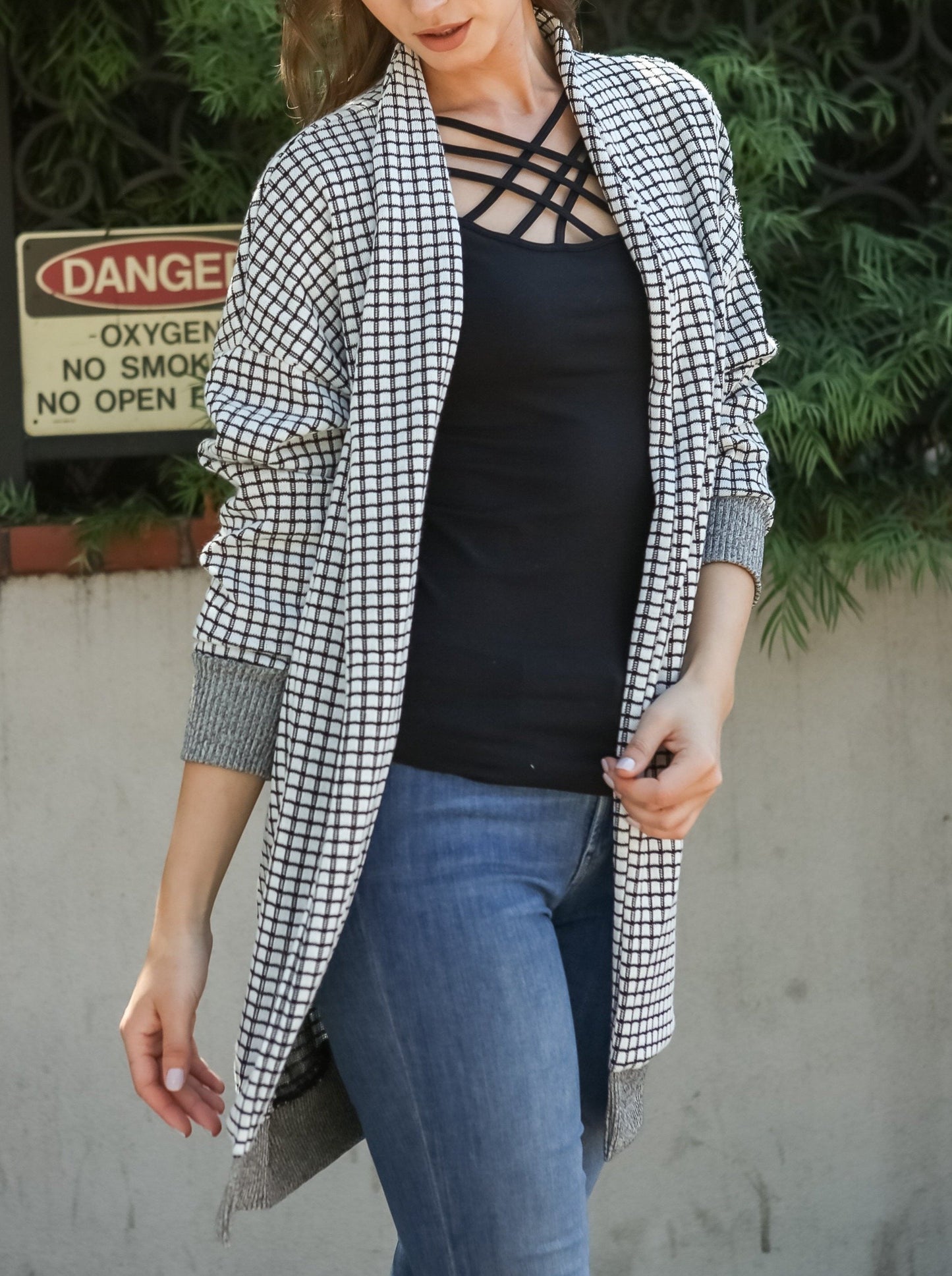 Women Gingham Checkered Casual Open Front Sweater Knit Longline Cardigan - Shop Lev