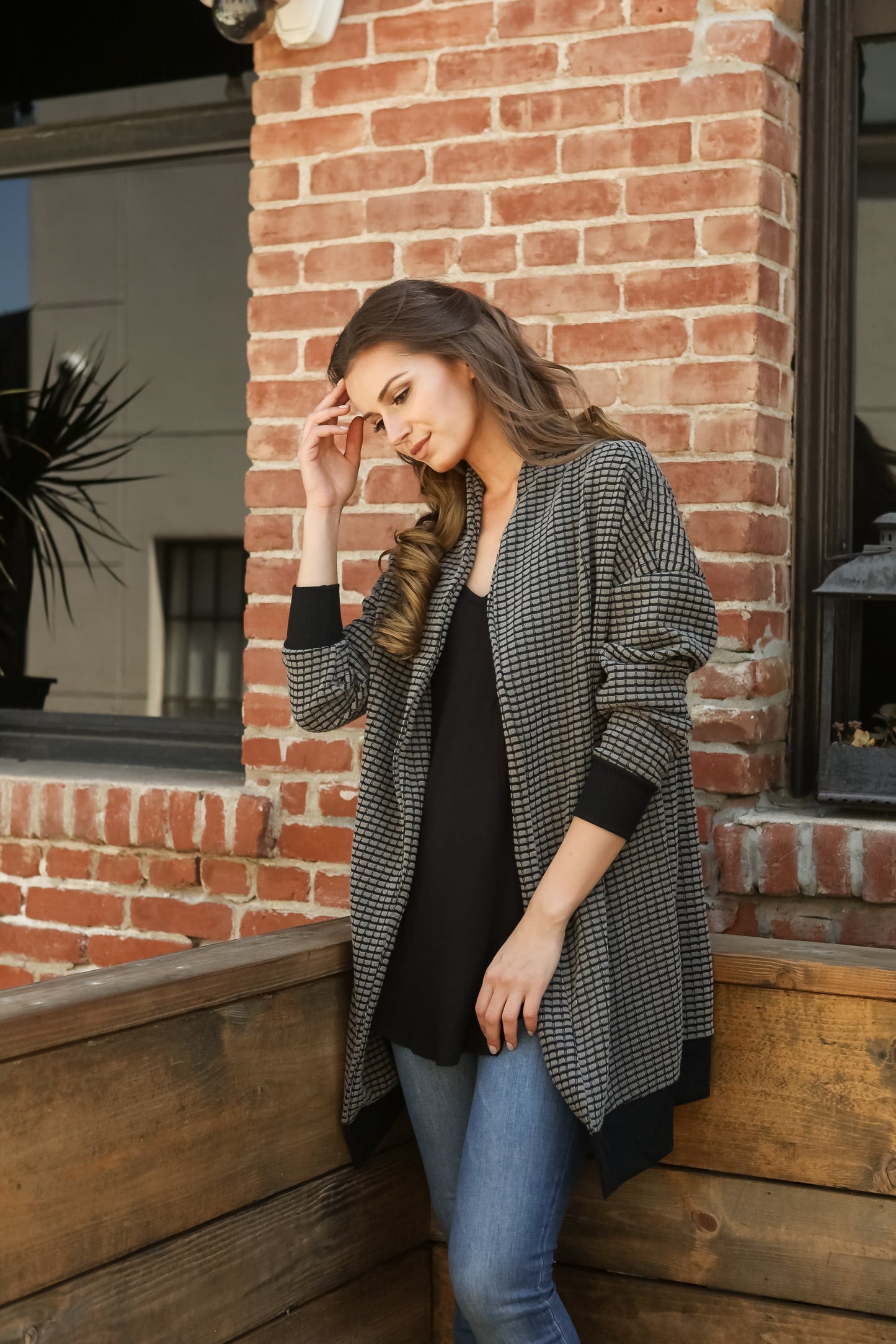 Women Gingham Checkered Casual Open Front Sweater Knit Longline Cardigan - Shop Lev