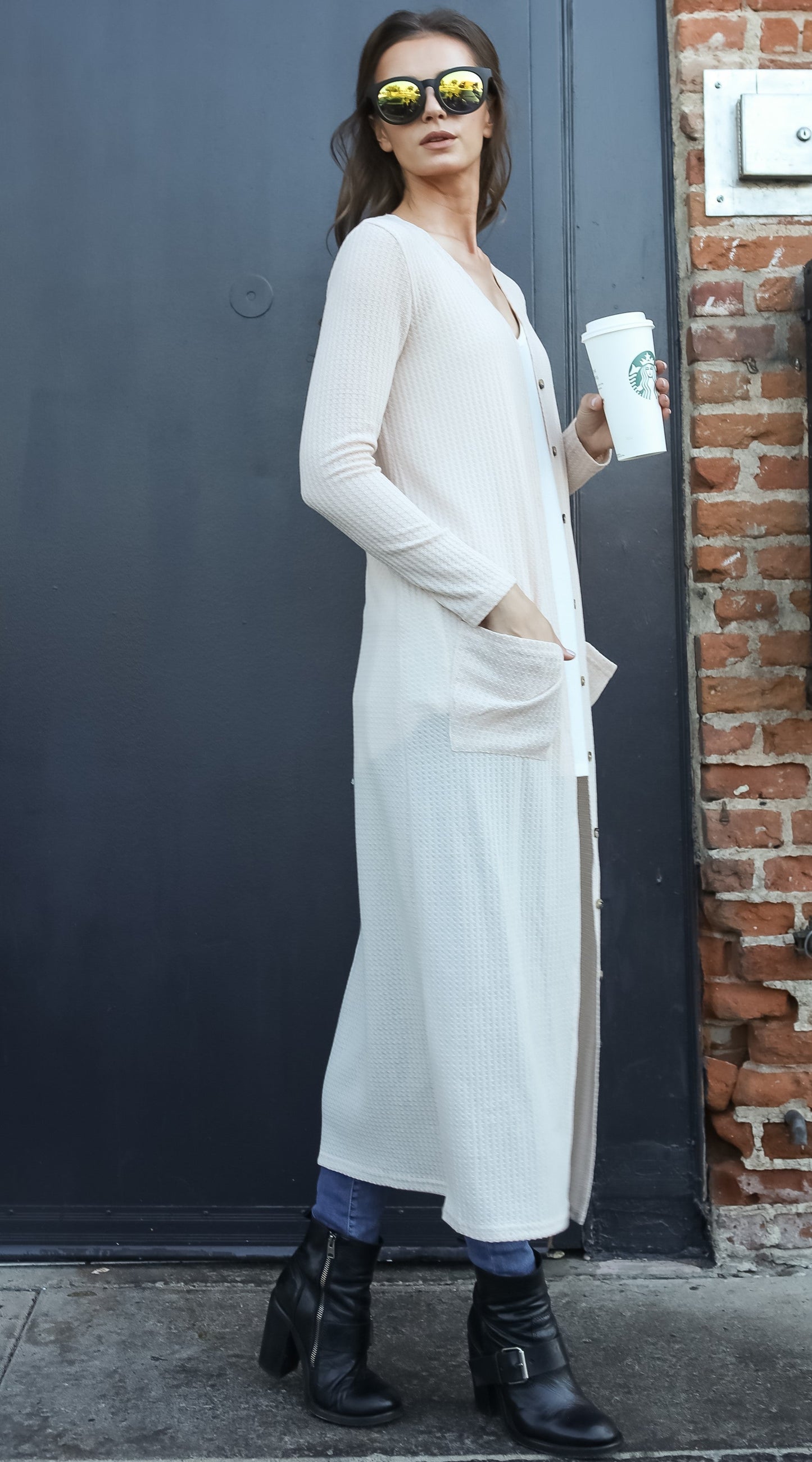 Women Lightweight Waffle Sweater Knit Long Sleeve Drape Maxi Duster Cardigan - Shop Lev