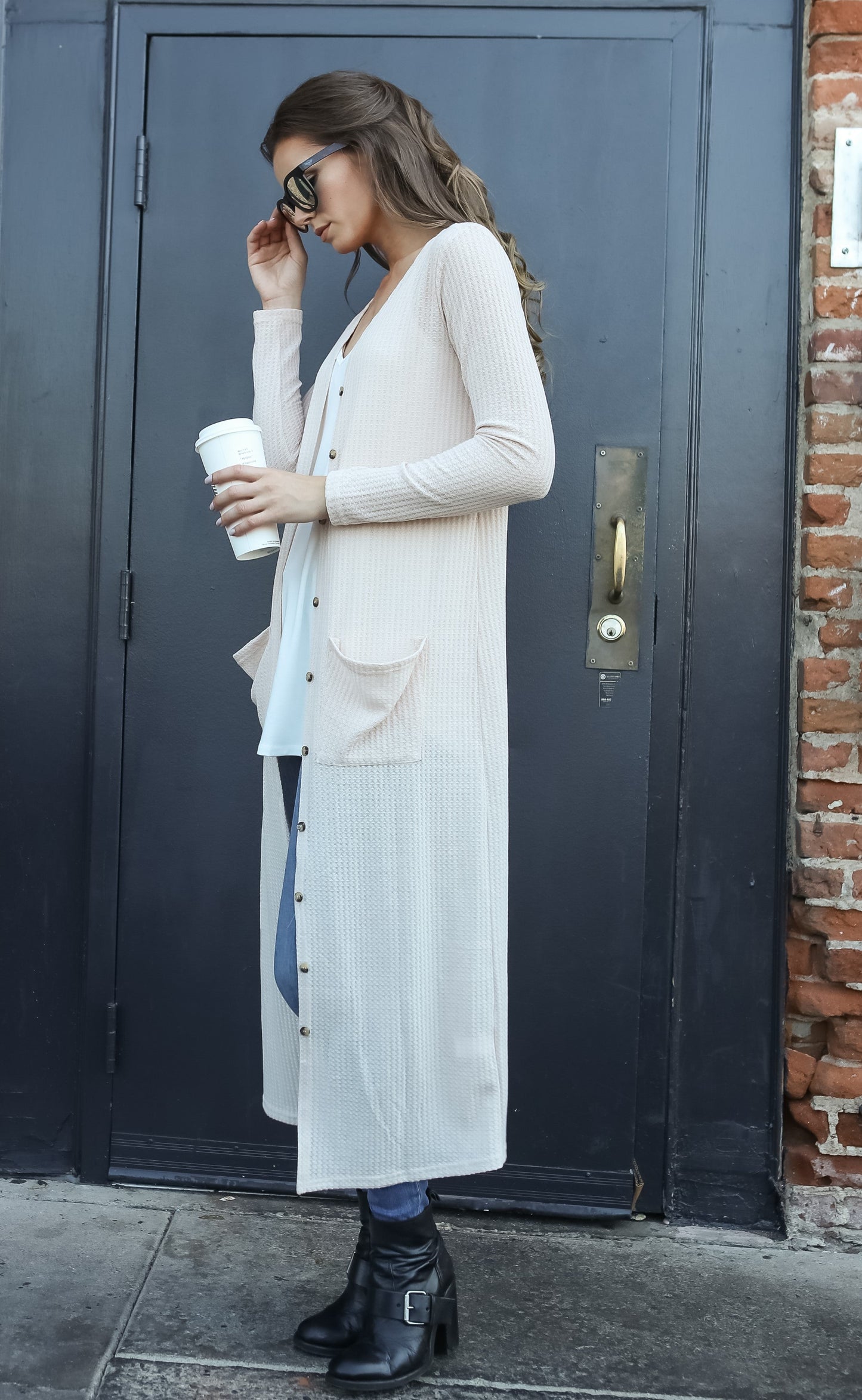 Women Lightweight Waffle Sweater Knit Long Sleeve Drape Maxi Duster Cardigan - Shop Lev