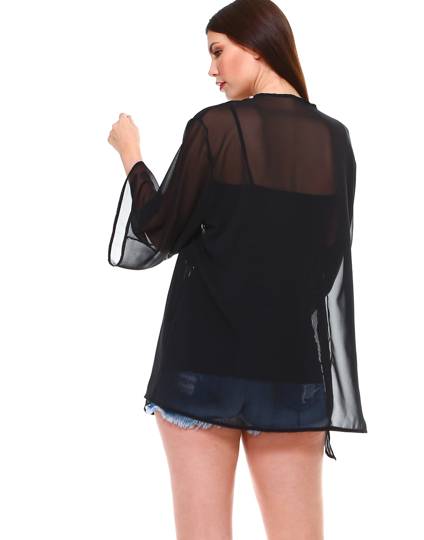 Solid chiffon loose fit kimono sleeves open cardigan and cover up - Shop Lev