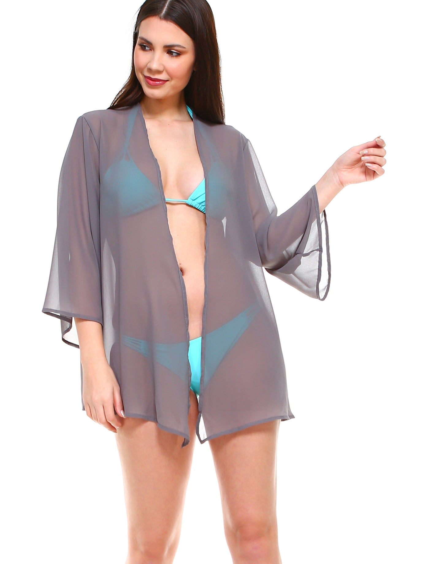 Solid chiffon loose fit kimono sleeves open cardigan and cover up - Shop Lev