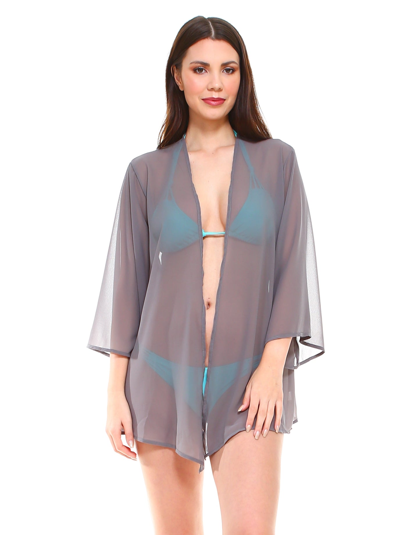Solid chiffon loose fit kimono sleeves open cardigan and cover up - Shop Lev