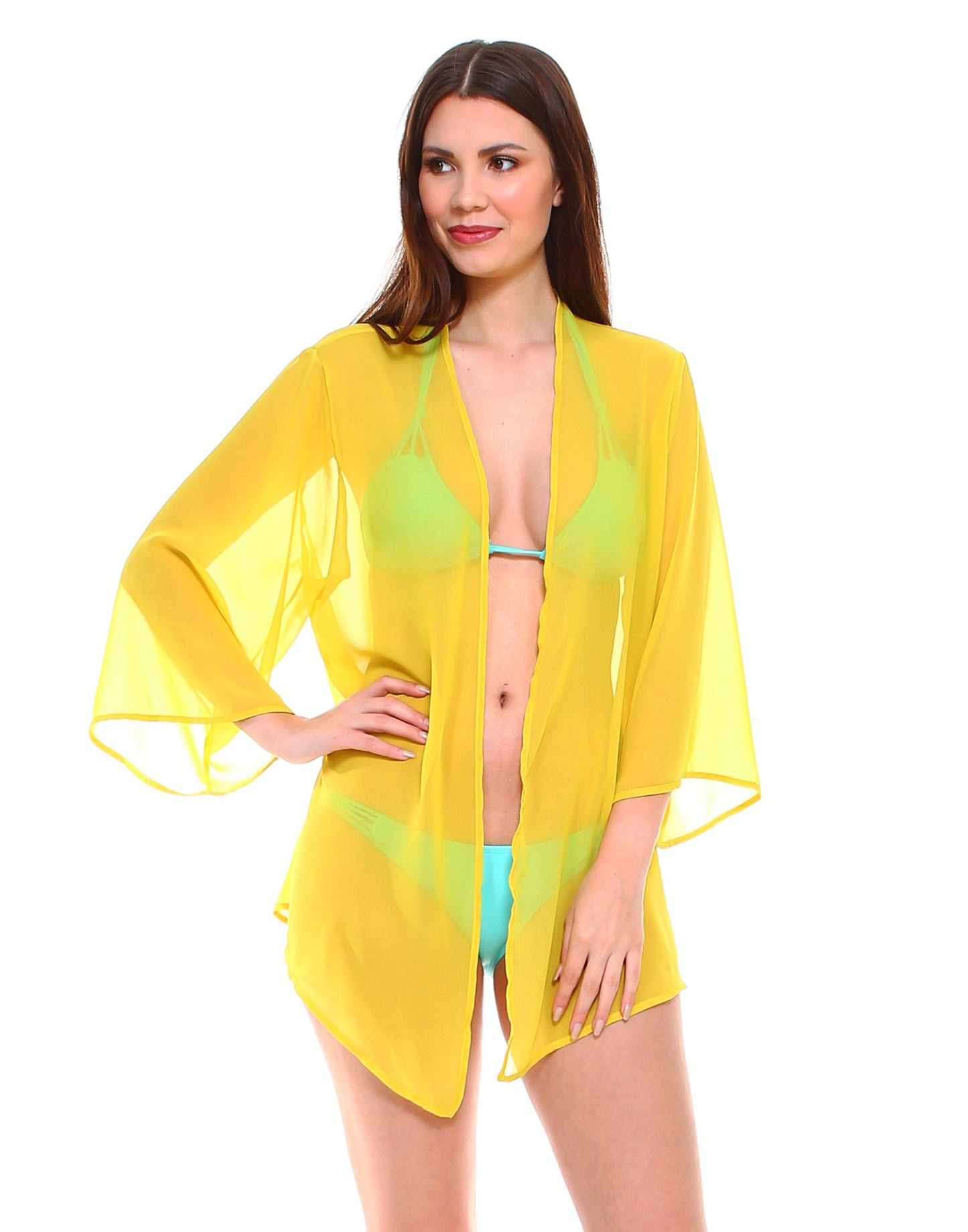 Solid chiffon loose fit kimono sleeves open cardigan and cover up - Shop Lev