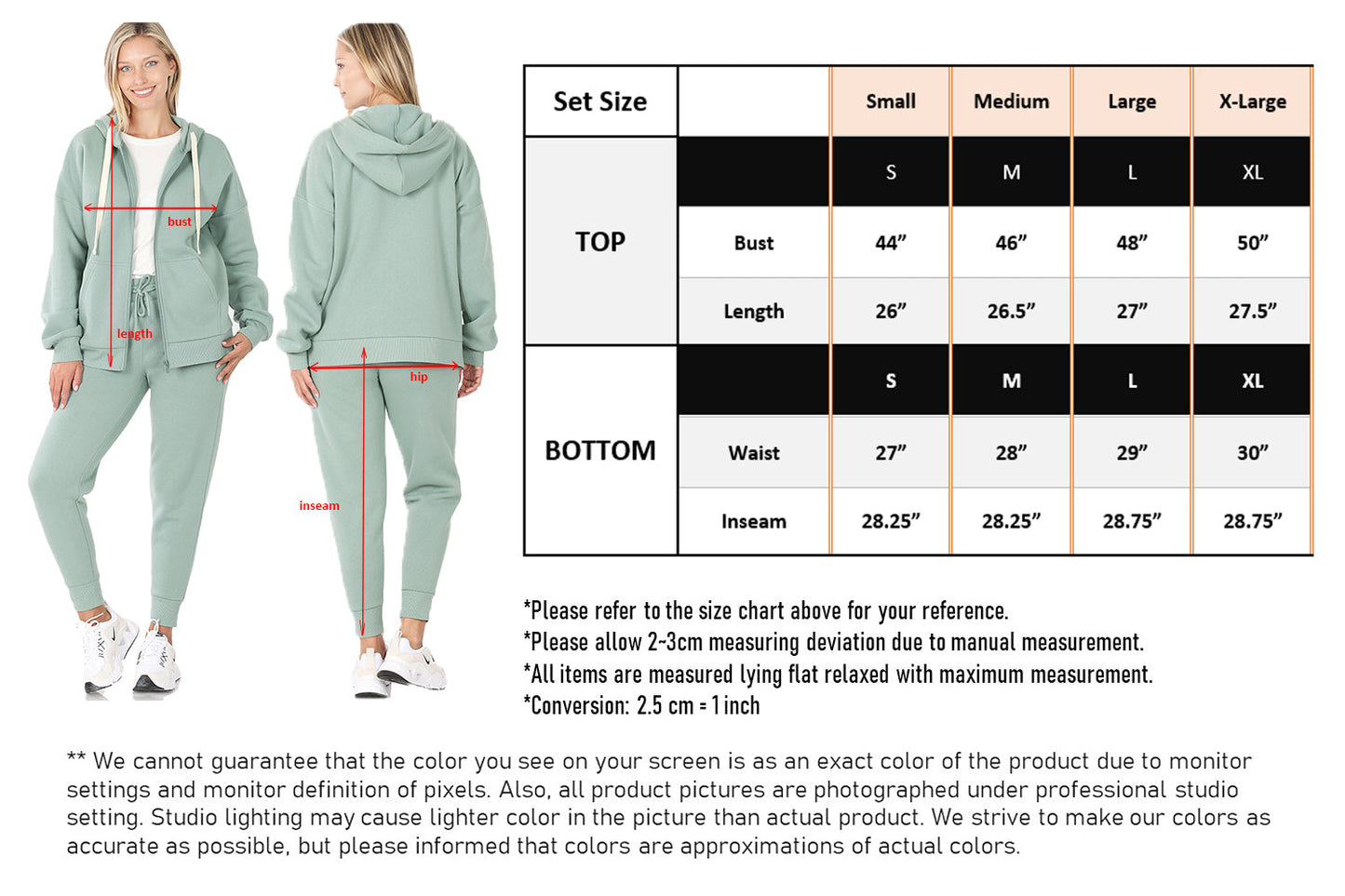 ZENANA Women 2 Piece Set Full-Zip Hoodie Jacket and Jogger Pants