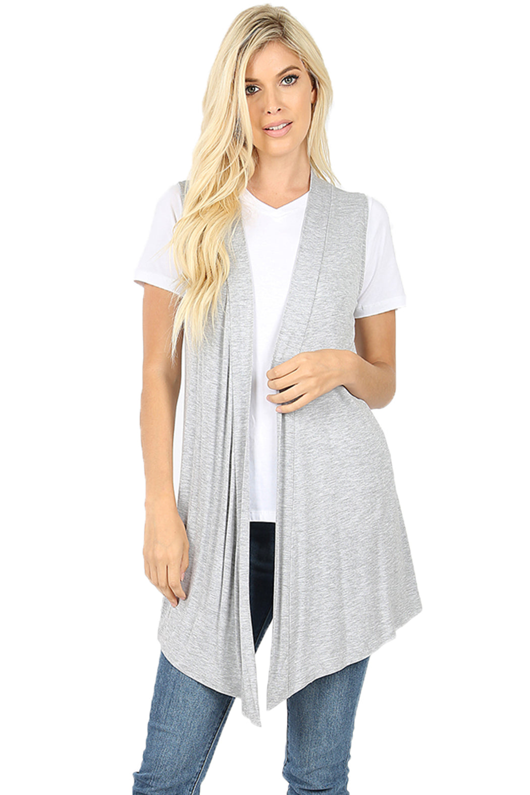 Women Draped Flowy Lightweight Jersey Casual Layering midi Length Cardigan Vest -Sleeveless and Long Sleeves