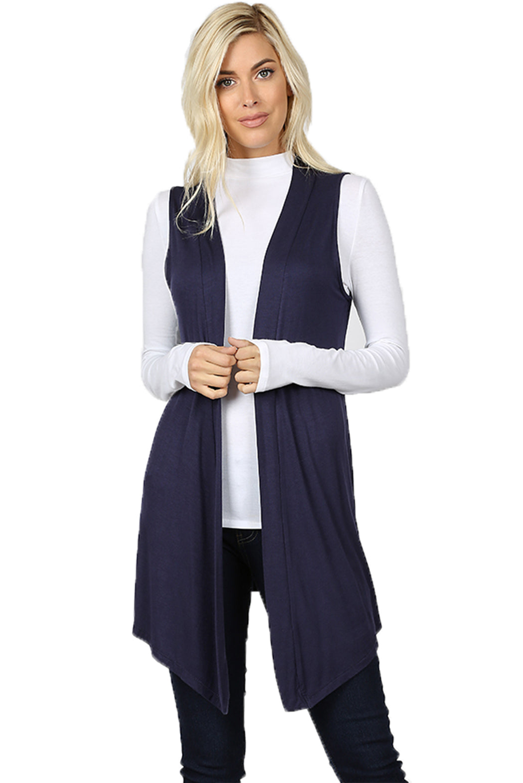 Women Draped Flowy Lightweight Jersey Casual Layering midi Length Cardigan Vest -Sleeveless and Long Sleeves