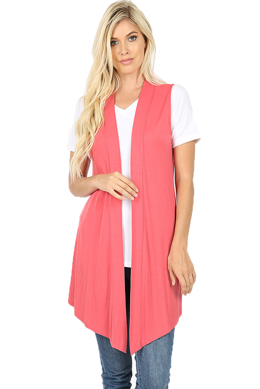 Women Draped Flowy Lightweight Jersey Casual Layering midi Length Cardigan Vest -Sleeveless and Long Sleeves
