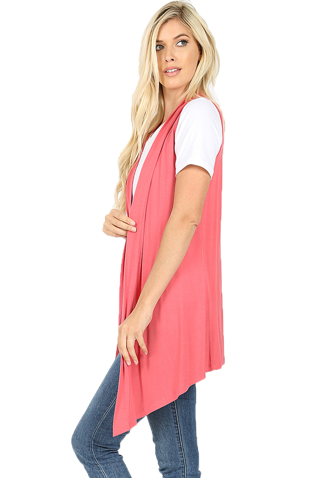 Women Draped Flowy Lightweight Jersey Casual Layering midi Length Cardigan Vest -Sleeveless and Long Sleeves