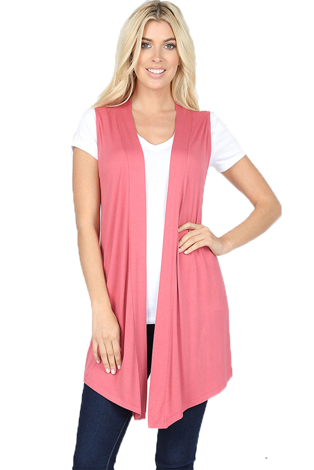 Women Draped Flowy Lightweight Jersey Casual Layering midi Length Cardigan Vest -Sleeveless and Long Sleeves