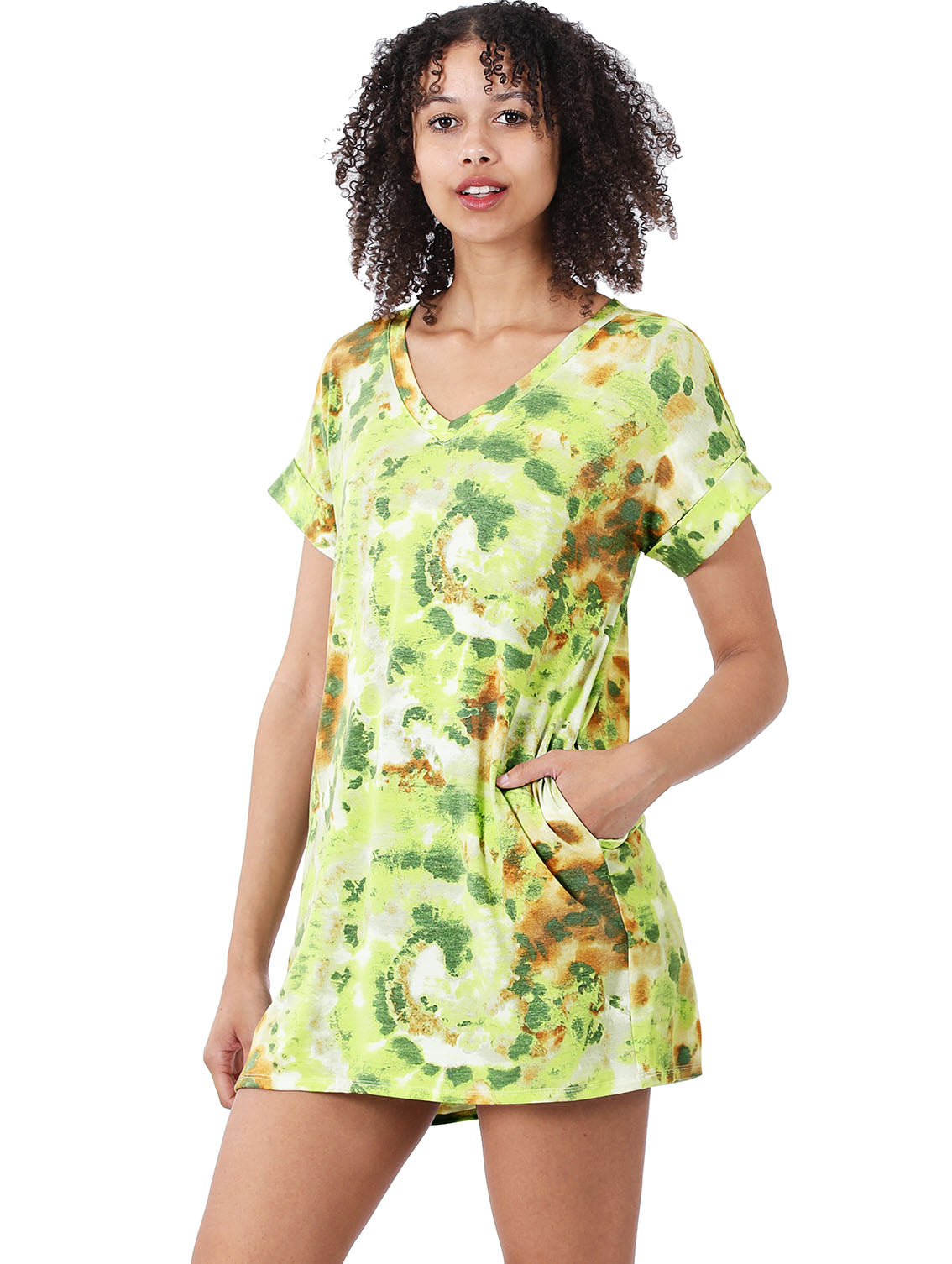 Women V-Neck Rolled Up Short Sleeve Longline Top Tunic with Side Pockets