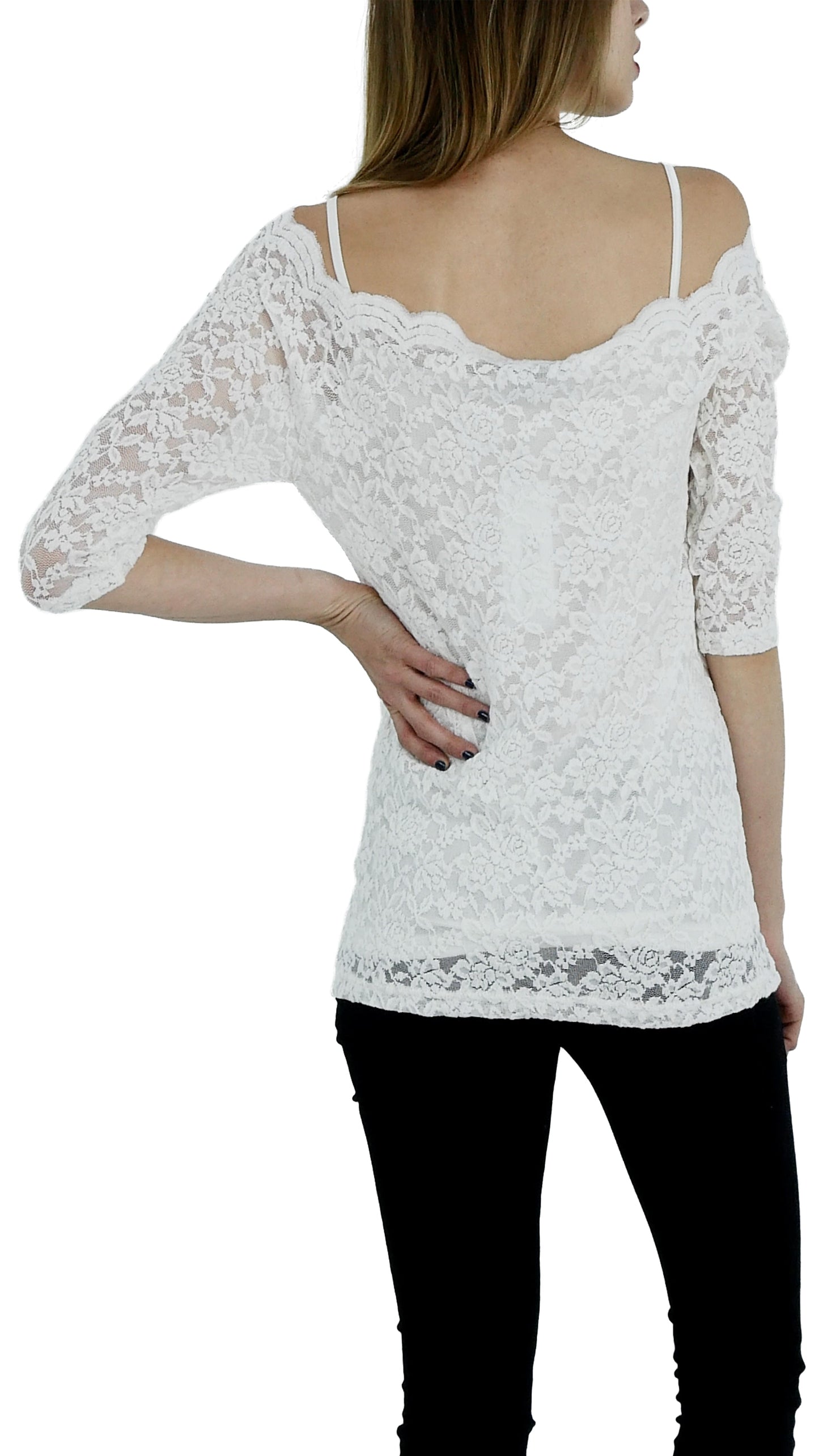 Lace Half Sleeve Low Scallop Neck Top - Shop Lev