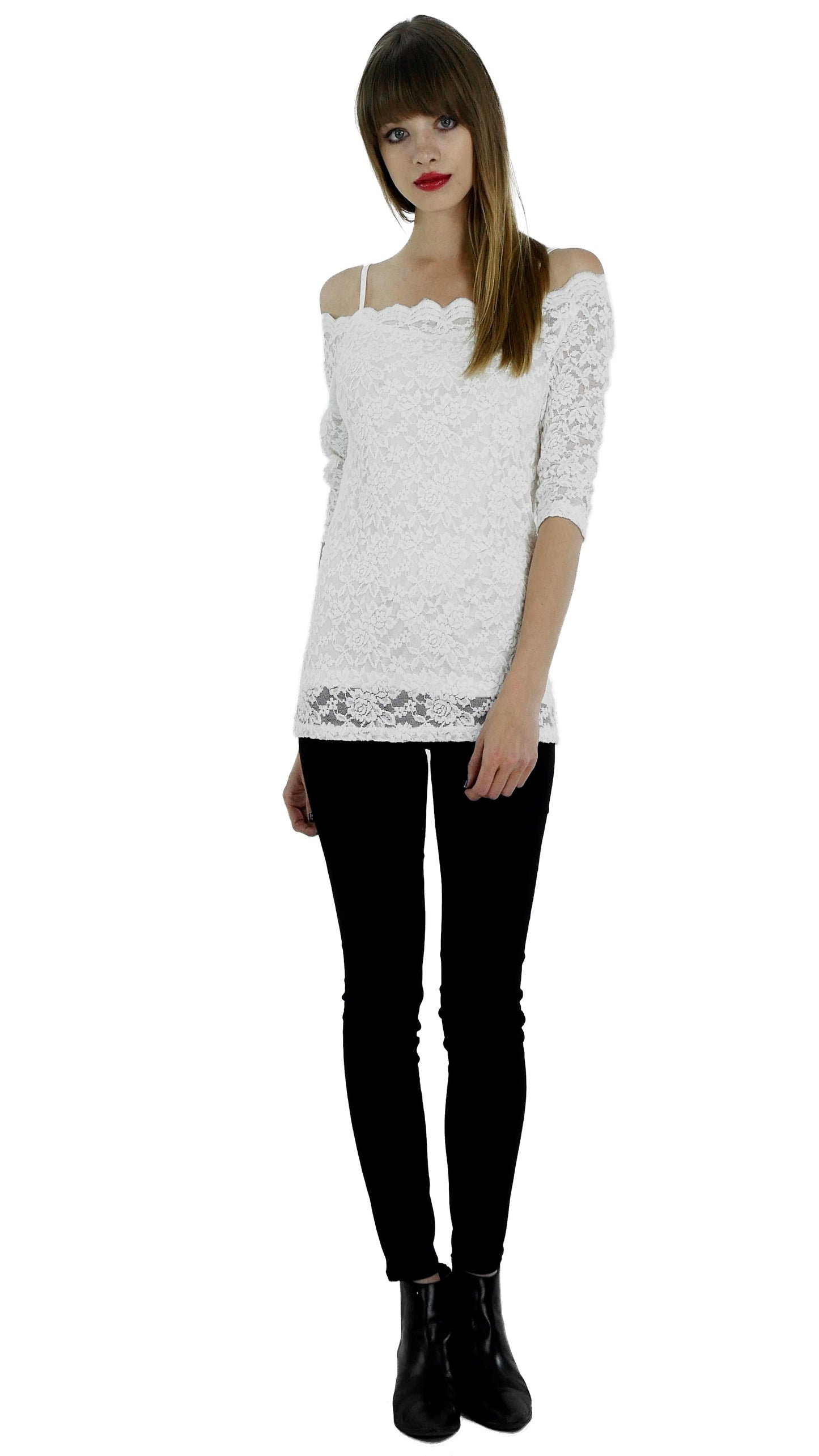 Lace Half Sleeve Low Scallop Neck Top - Shop Lev