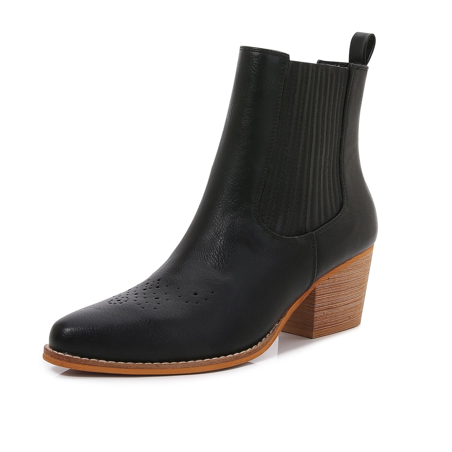 Women PU Leather Perforated Front Stacked Heel Ankle Boots with Elastic Side Gussets