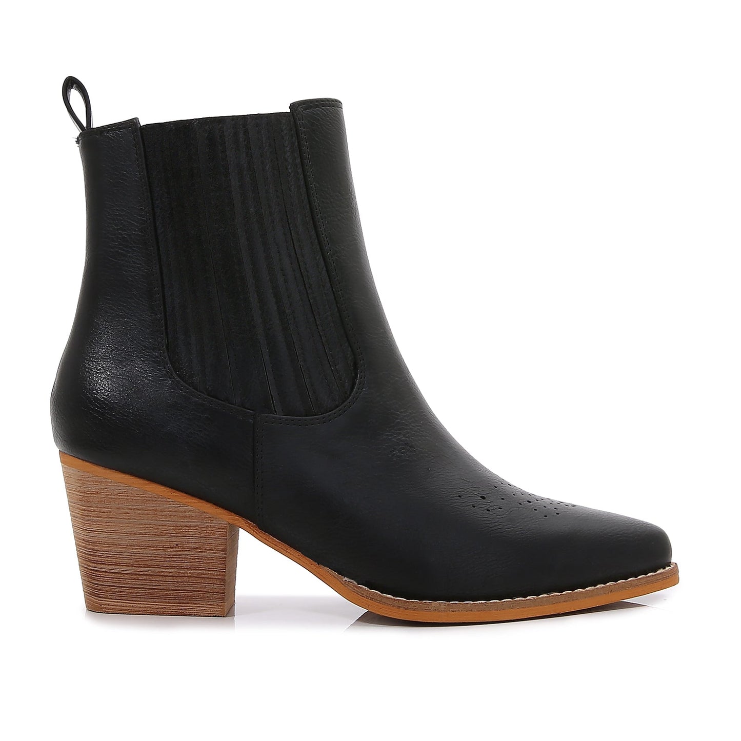 Women PU Leather Perforated Front Stacked Heel Ankle Boots with Elastic Side Gussets