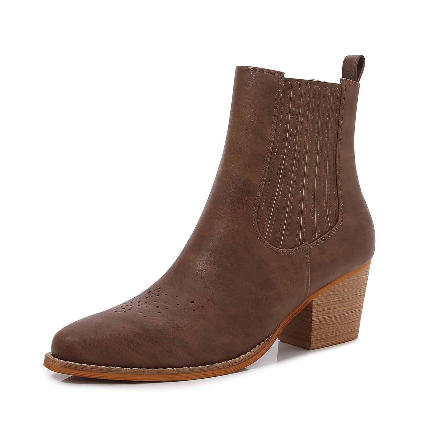 Women PU Leather Perforated Front Stacked Heel Ankle Boots with Elastic Side Gussets