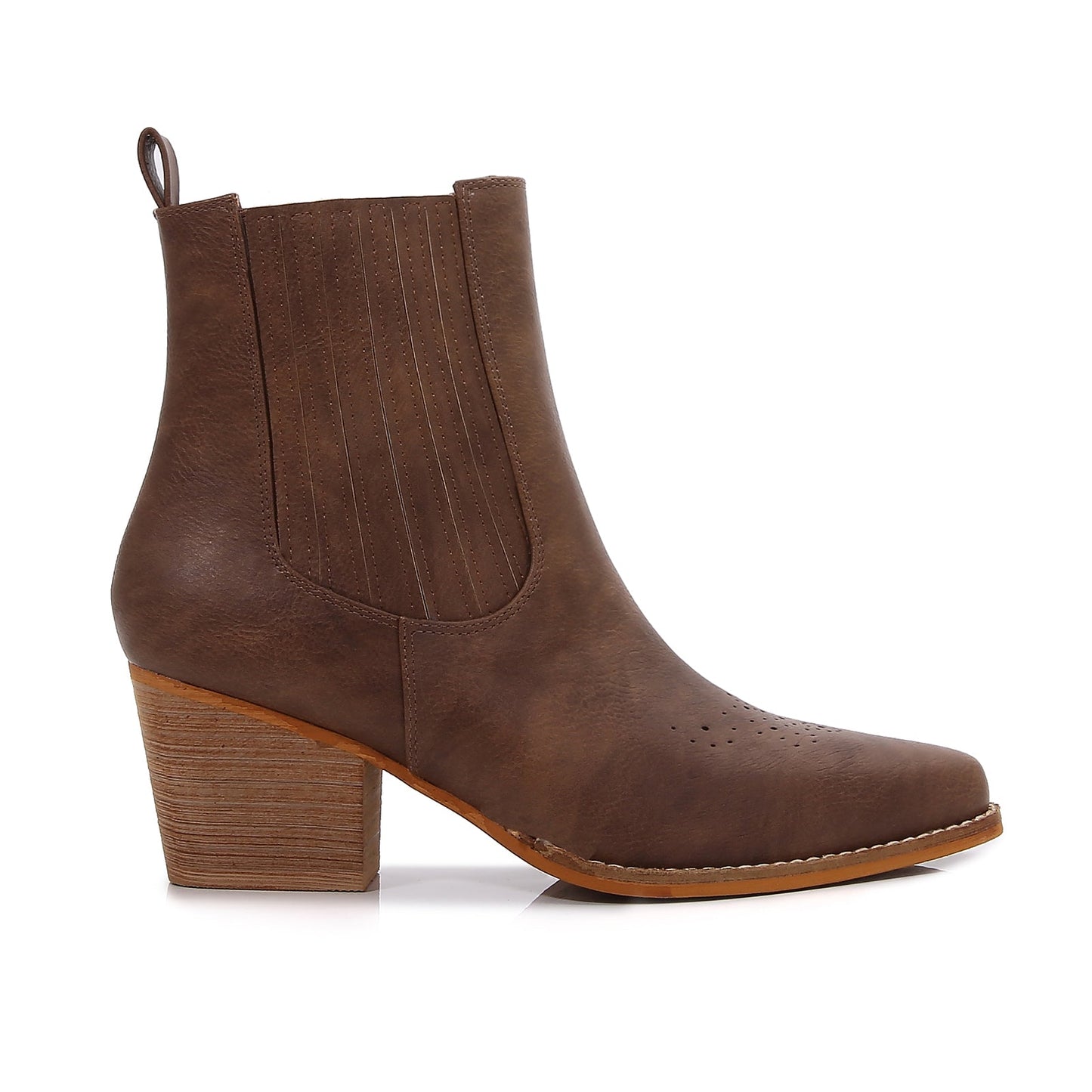 Women PU Leather Perforated Front Stacked Heel Ankle Boots with Elastic Side Gussets