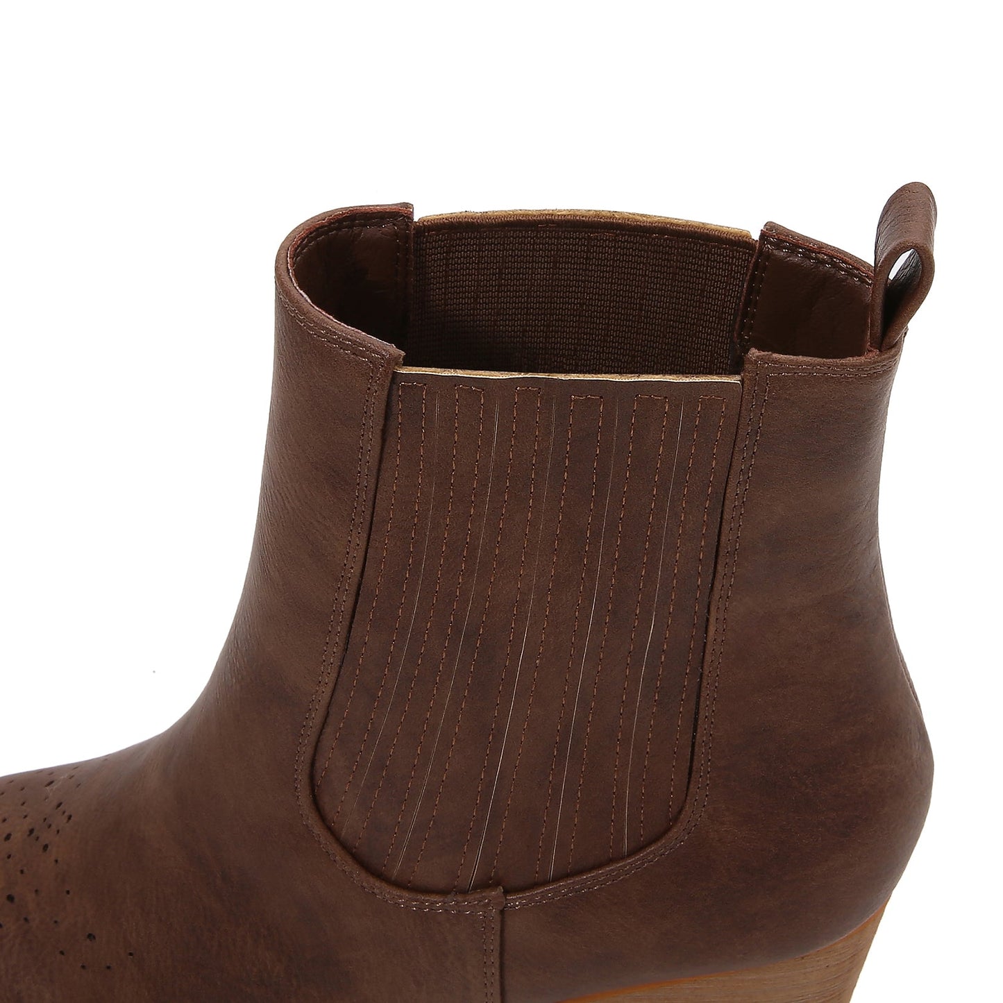 Women PU Leather Perforated Front Stacked Heel Ankle Boots with Elastic Side Gussets