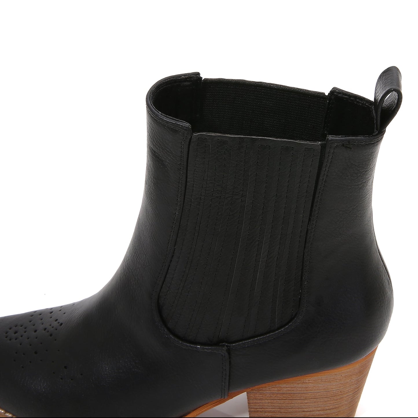 Women PU Leather Perforated Front Stacked Heel Ankle Boots with Elastic Side Gussets