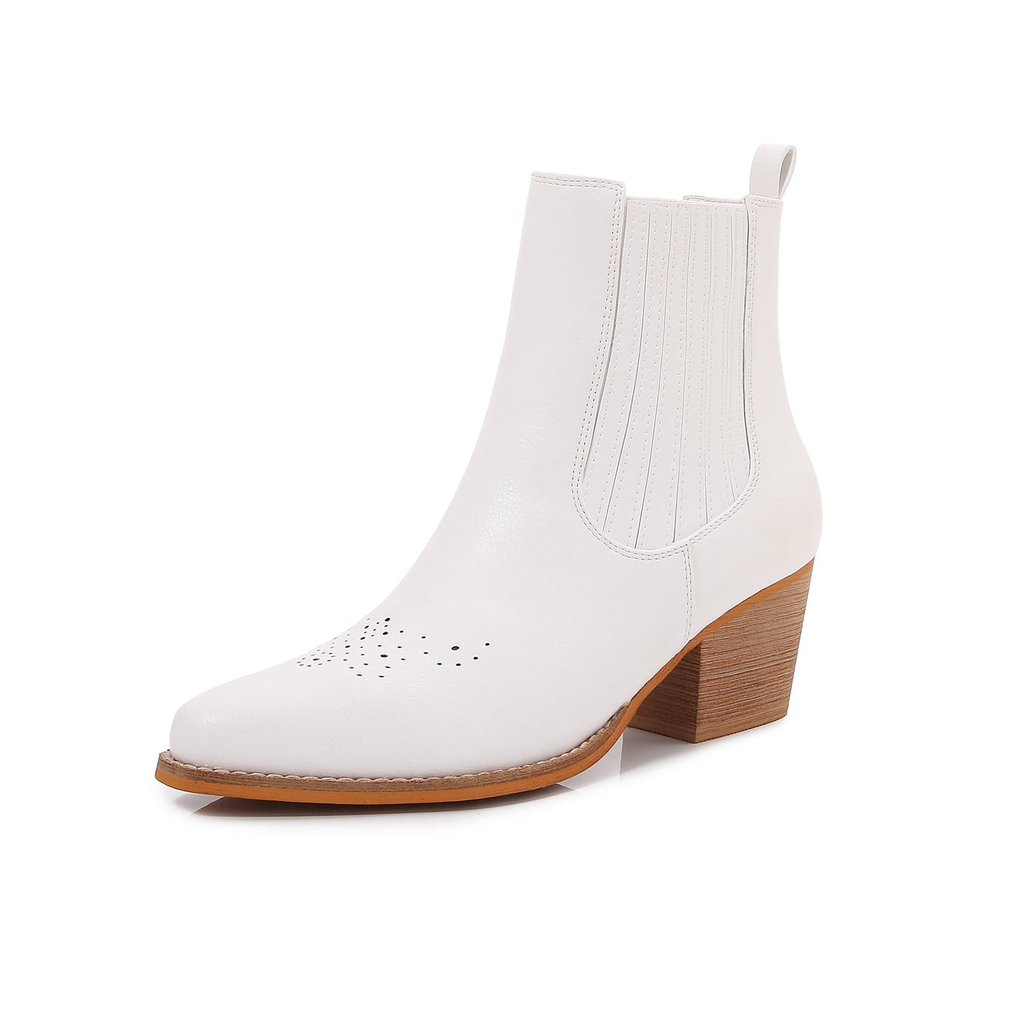 Women PU Leather Perforated Front Stacked Heel Ankle Boots with Elastic Side Gussets