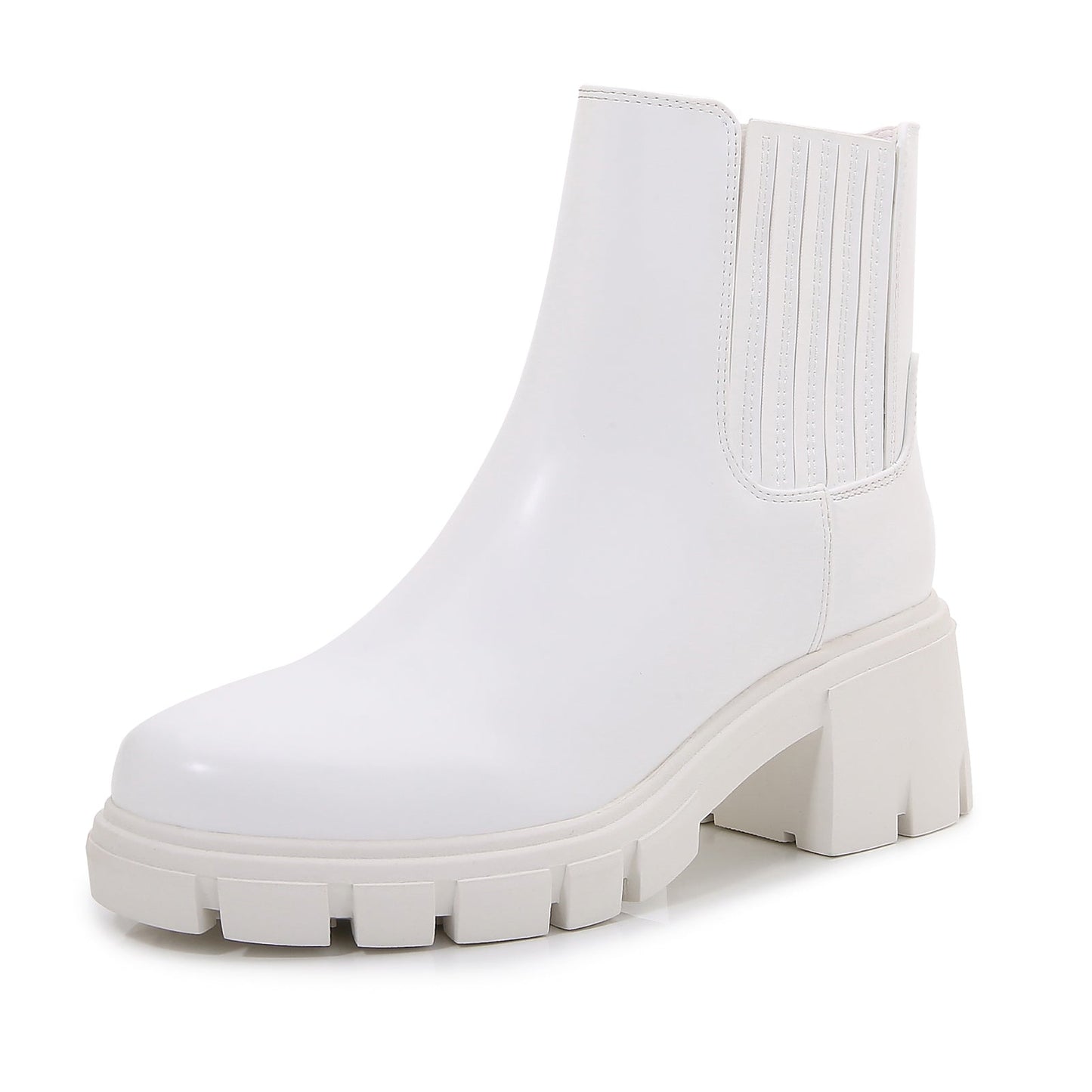 Women PU Leather Chunky Platform Chelsea Boots Zip Up Ankle Booties