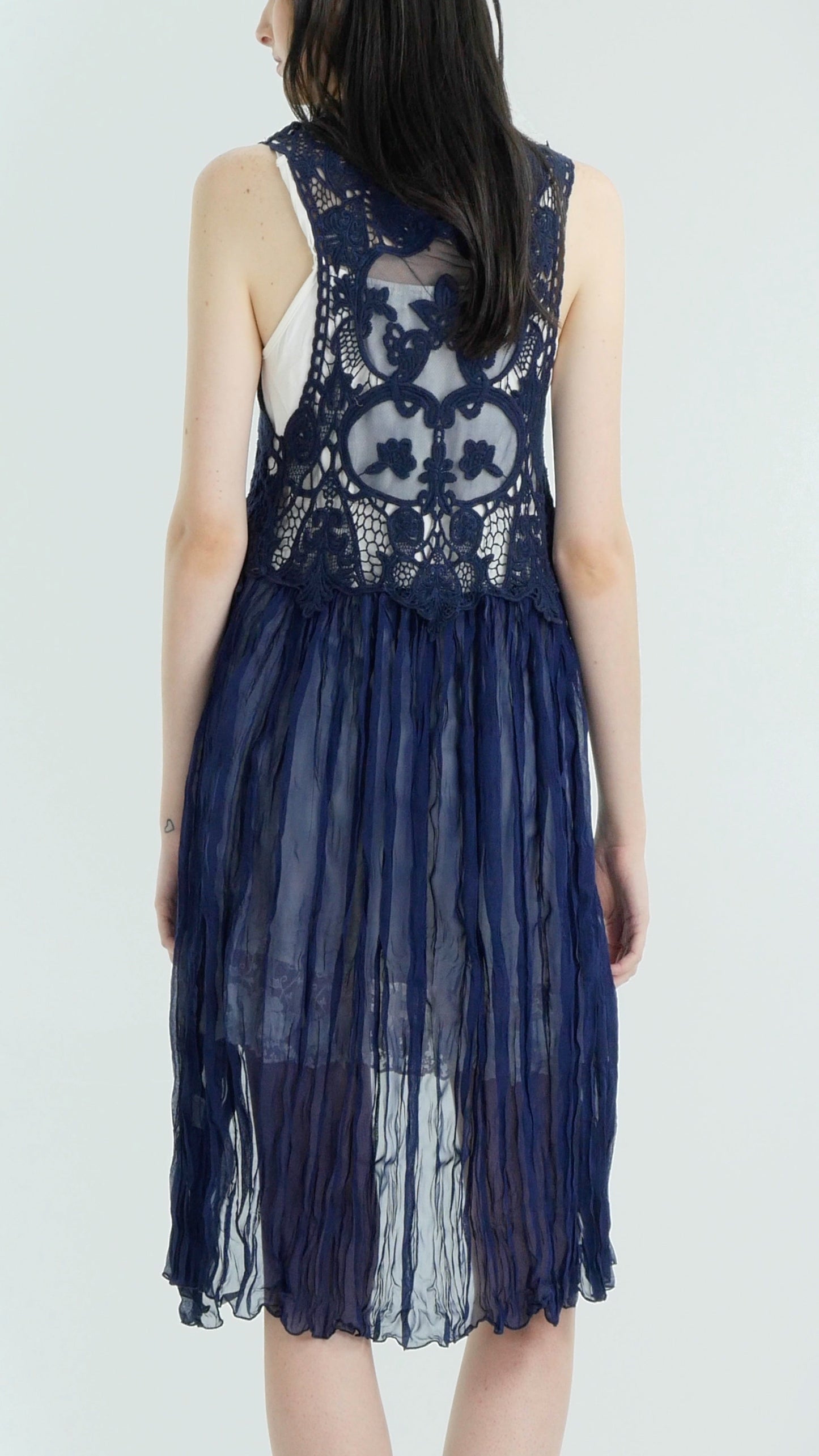 Lace Chiffon Long Lace Vest with lace tie on the chest - Shop Lev