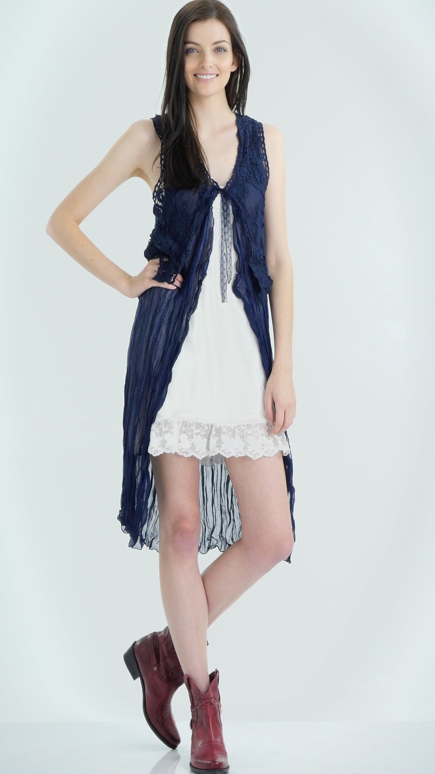 Lace Chiffon Long Lace Vest with lace tie on the chest - Shop Lev