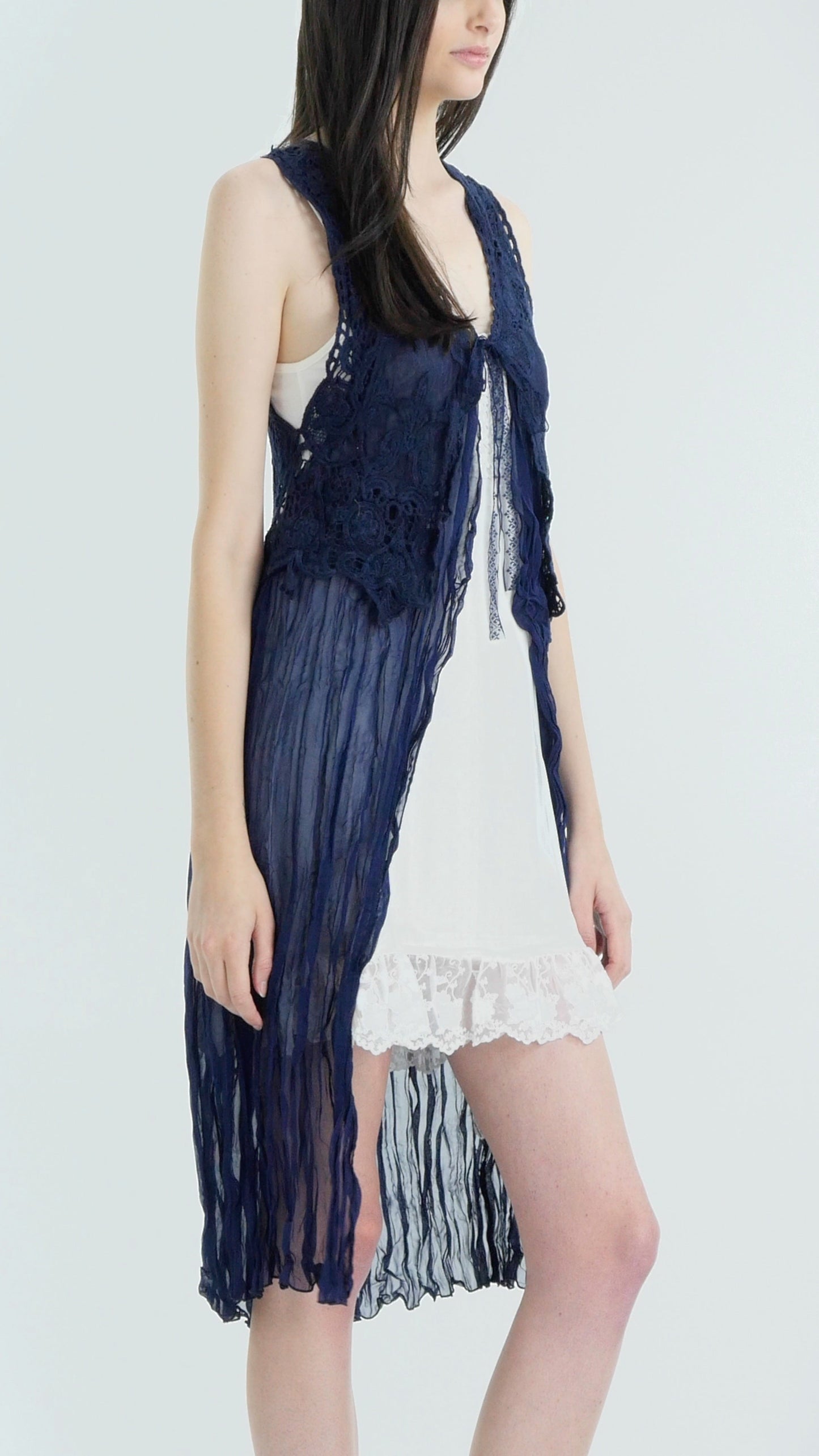 Lace Chiffon Long Lace Vest with lace tie on the chest - Shop Lev
