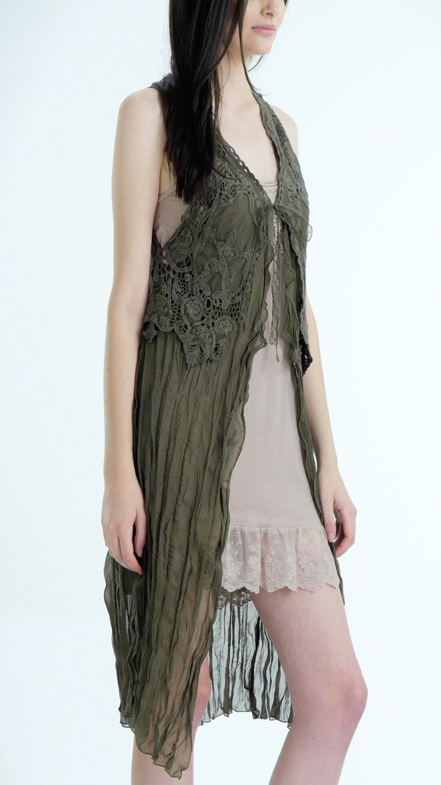 Lace Chiffon Long Lace Vest with lace tie on the chest - Shop Lev