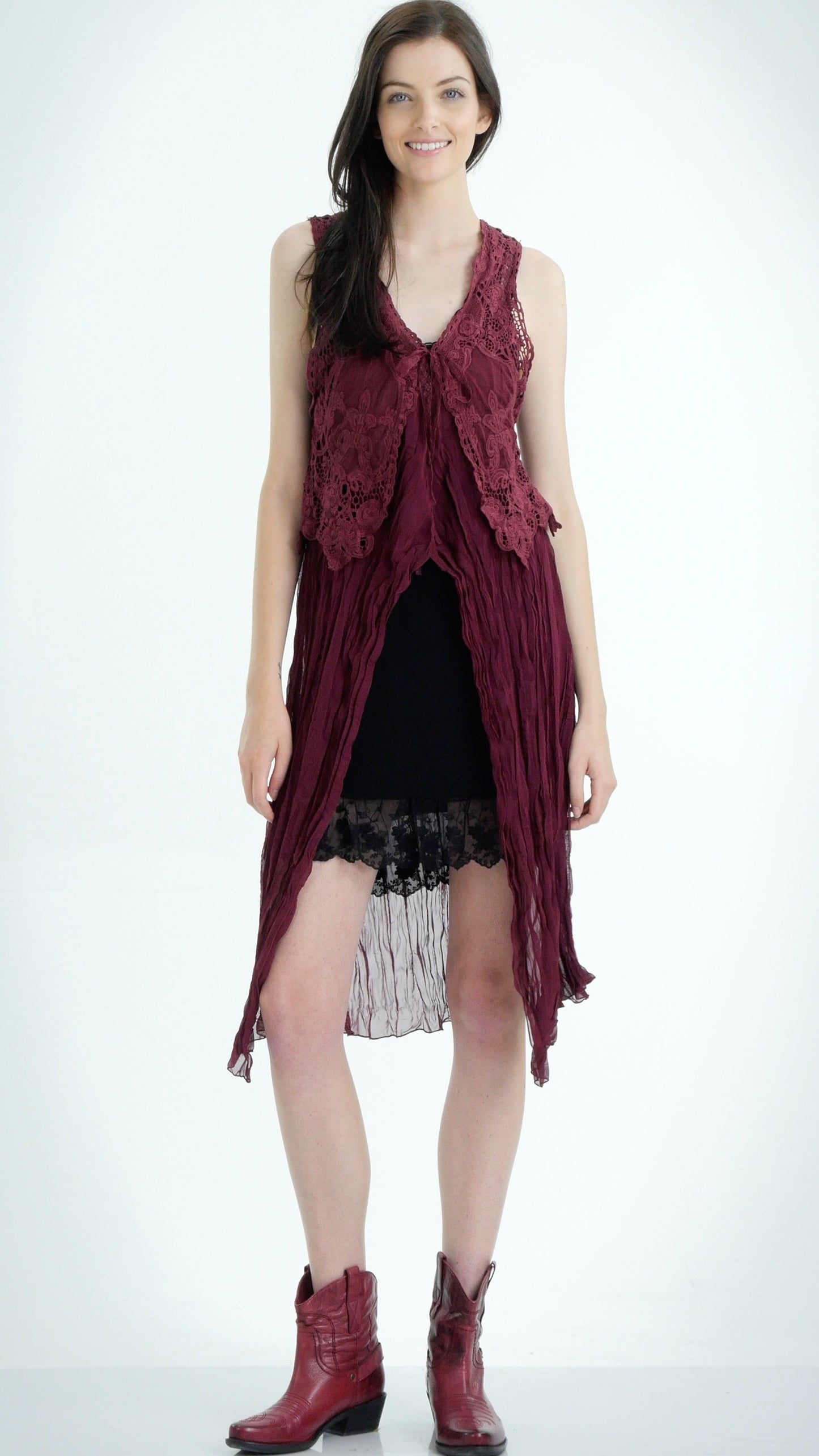 Lace Chiffon Long Lace Vest with lace tie on the chest - Shop Lev