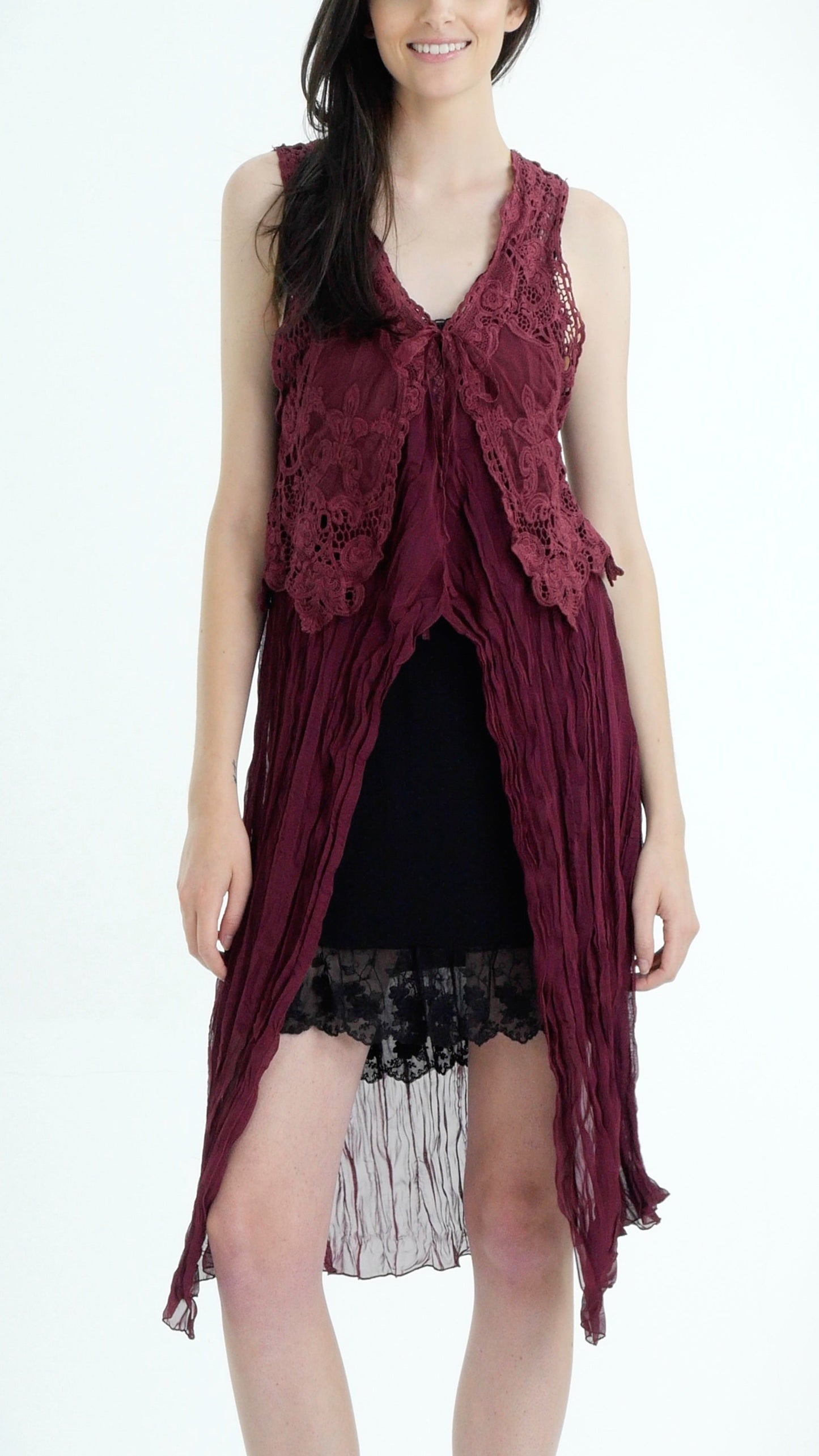 Lace Chiffon Long Lace Vest with lace tie on the chest - Shop Lev