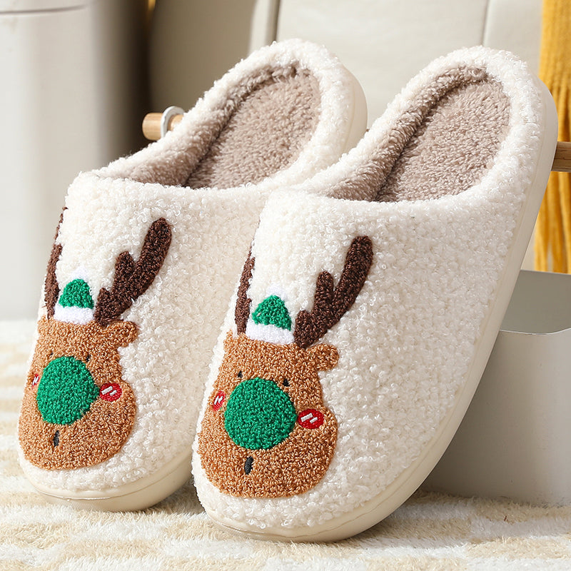 Christmas Reindeer Illustrated Comfort Cozy Plush Fluffy Fur Slip On Cushion Slippers