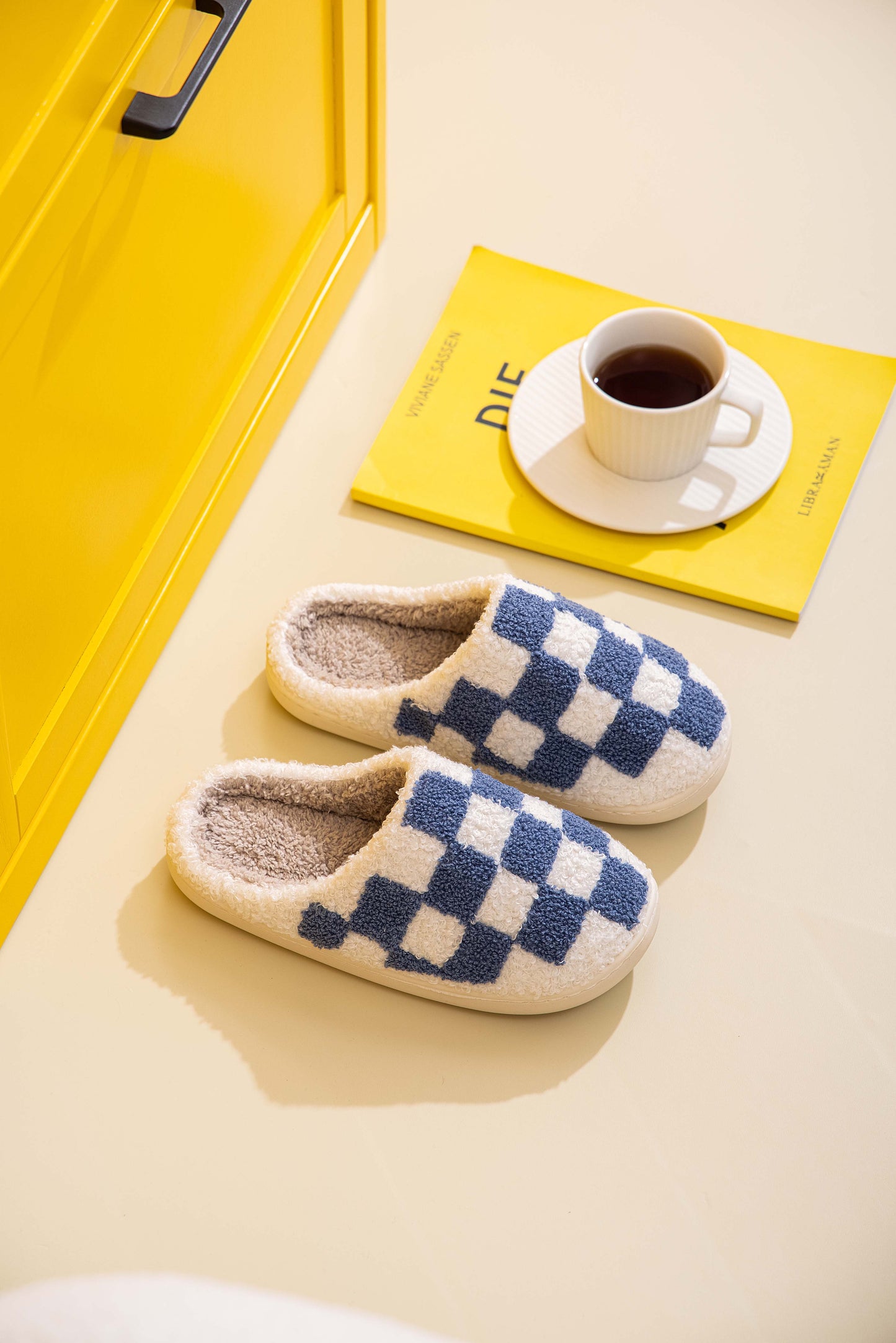Checkered Pattern Illustrated Comfort Cozy Plush Fluffy Fur Slip On Cushion Slippers