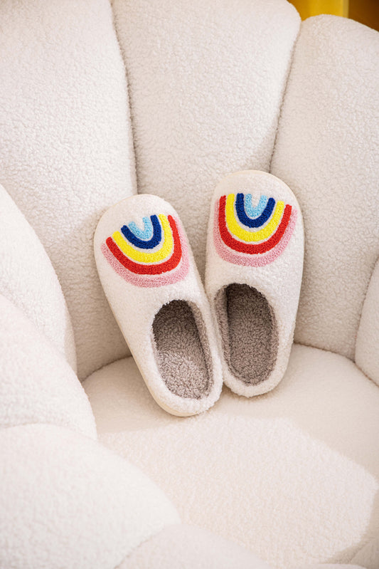 Rainbow Illustrated Comfort Cozy Plush Fluffy Fur Slip On Cushion Slippers