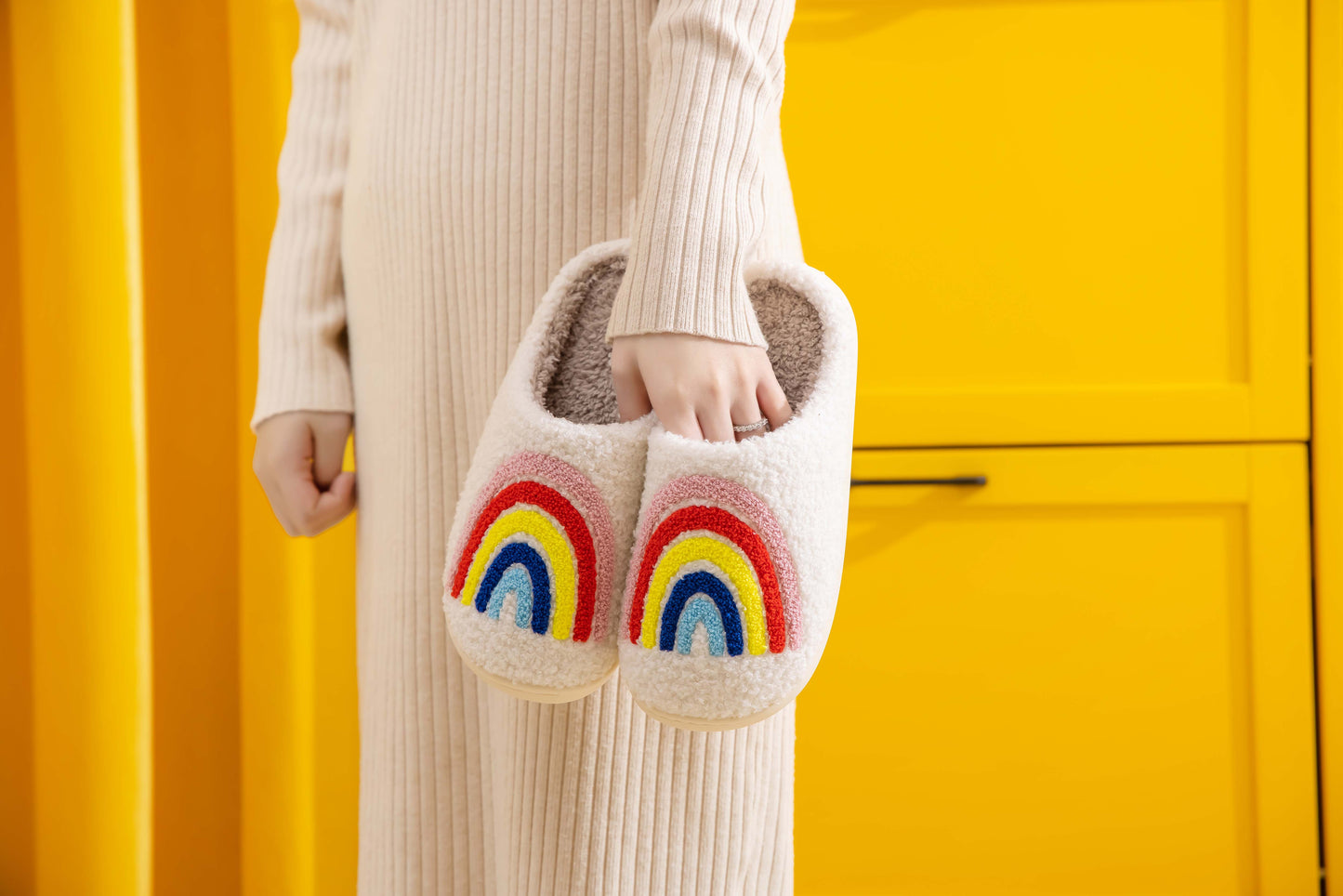 Rainbow Illustrated Comfort Cozy Plush Fluffy Fur Slip On Cushion Slippers
