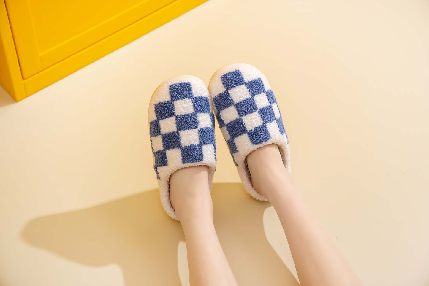 Checkered Pattern Illustrated Comfort Cozy Plush Fluffy Fur Slip On Cushion Slippers