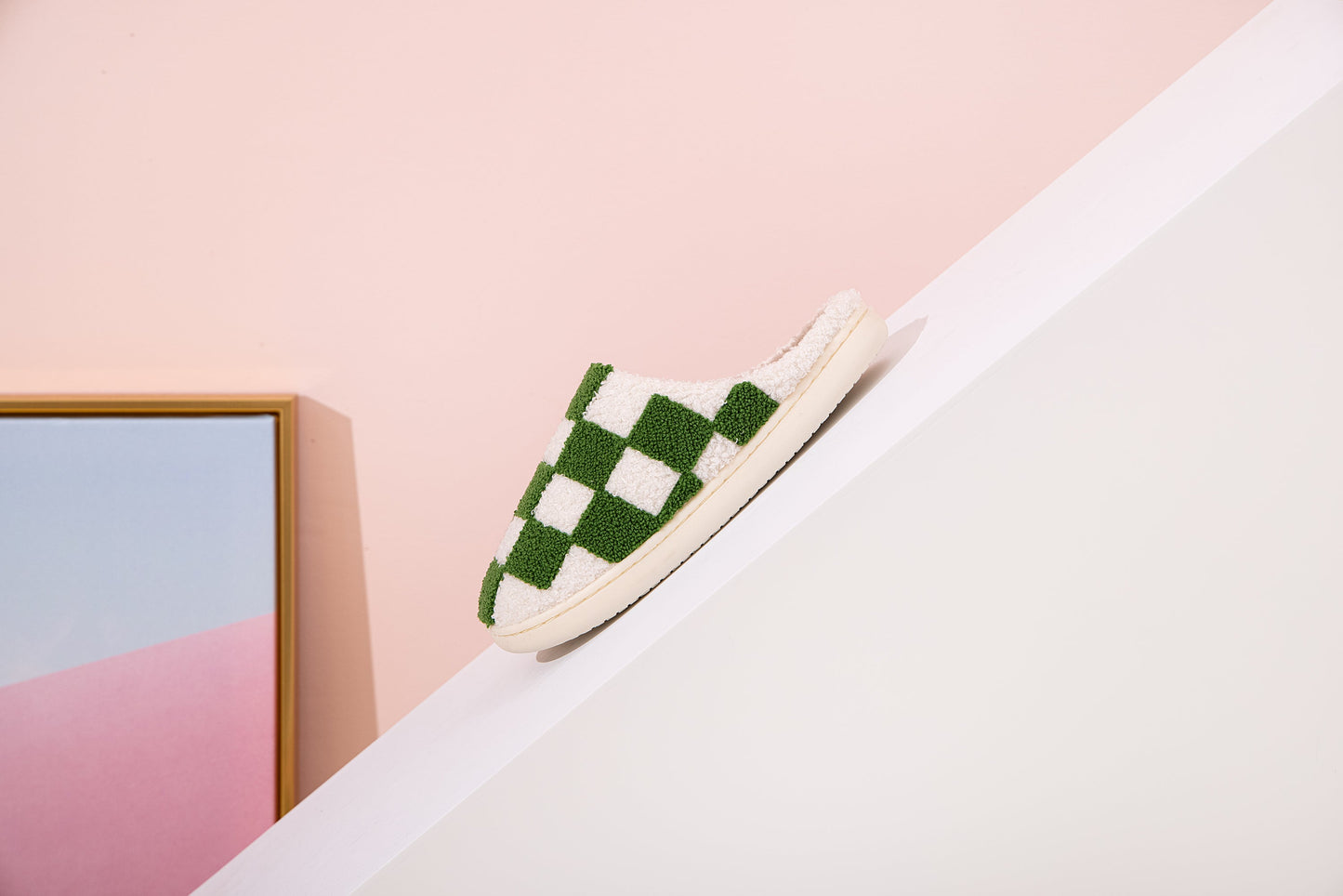 Checkered Pattern Illustrated Comfort Cozy Plush Fluffy Fur Slip On Cushion Slippers