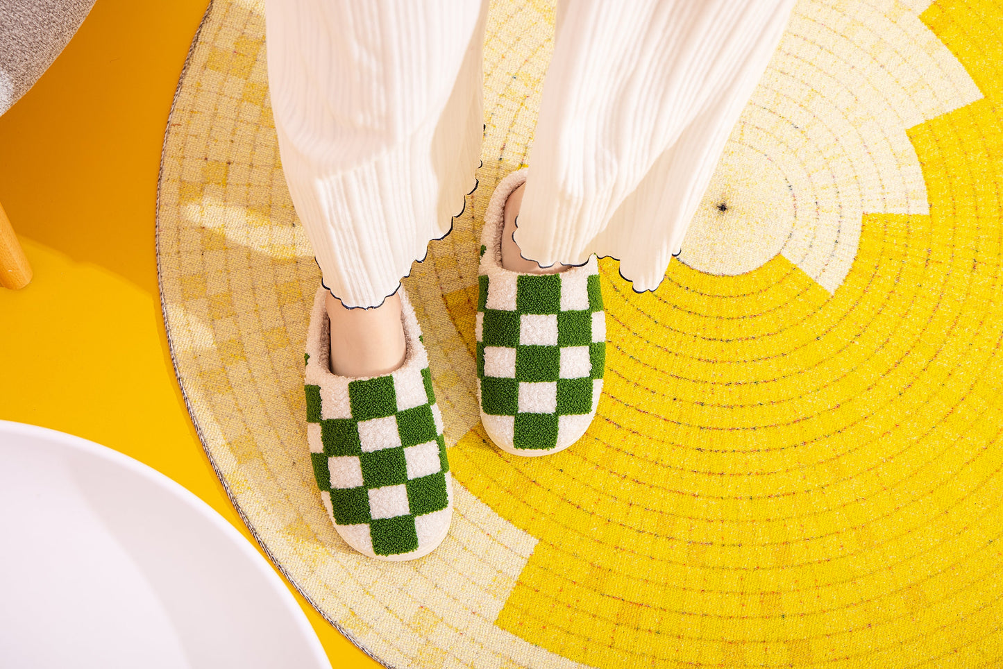 Checkered Pattern Illustrated Comfort Cozy Plush Fluffy Fur Slip On Cushion Slippers