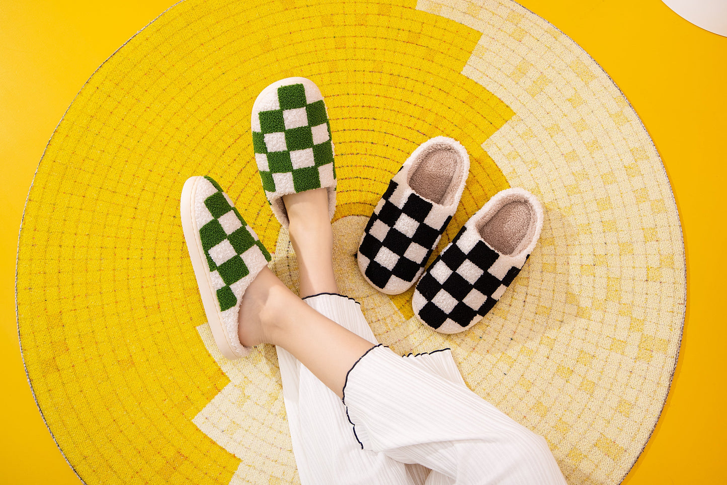 Checkered Pattern Illustrated Comfort Cozy Plush Fluffy Fur Slip On Cushion Slippers