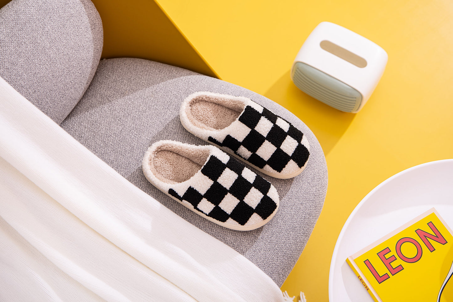 Checkered Pattern Illustrated Comfort Cozy Plush Fluffy Fur Slip On Cushion Slippers