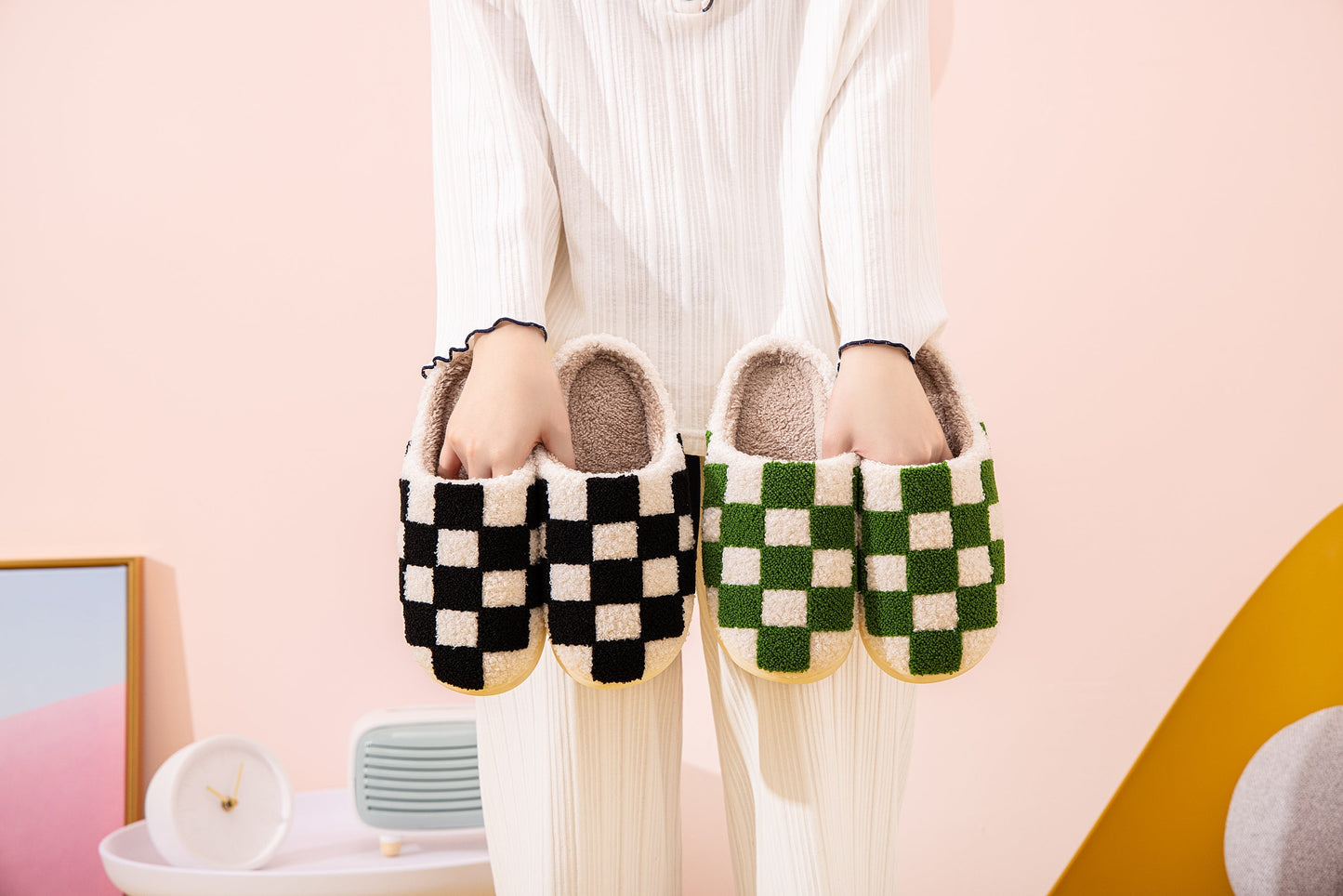 Checkered Pattern Illustrated Comfort Cozy Plush Fluffy Fur Slip On Cushion Slippers