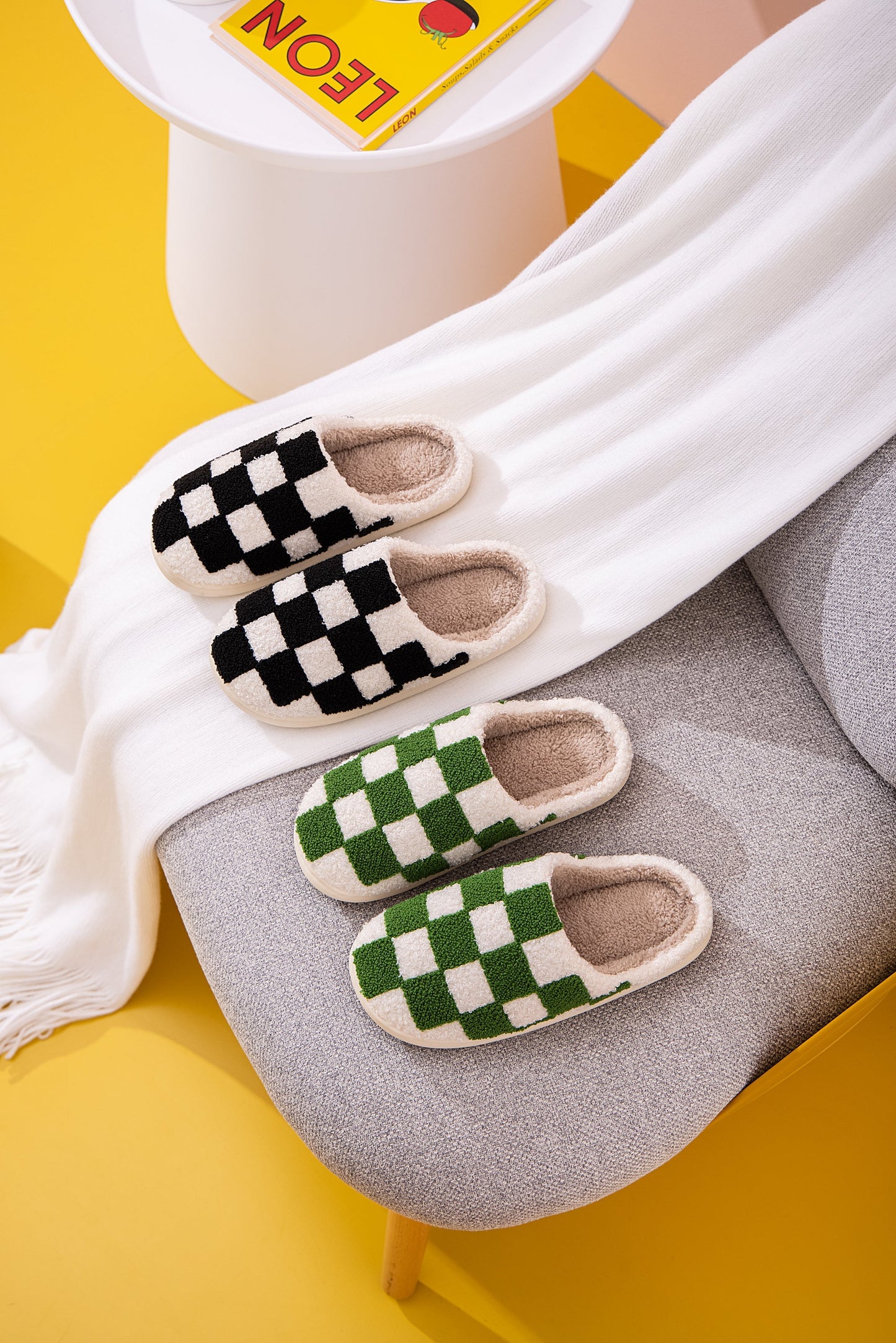 Checkered Pattern Illustrated Comfort Cozy Plush Fluffy Fur Slip On Cushion Slippers
