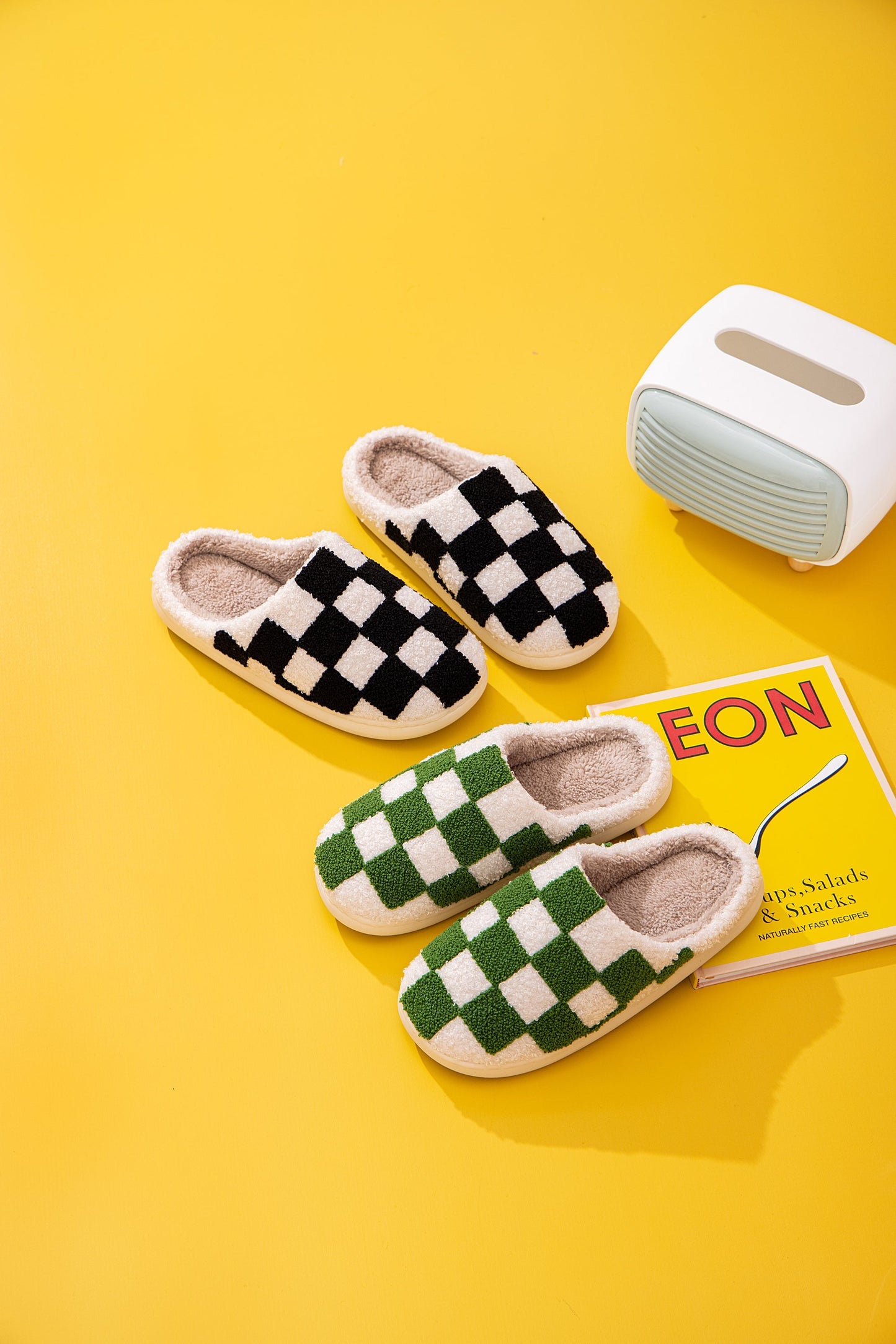 Checkered Pattern Illustrated Comfort Cozy Plush Fluffy Fur Slip On Cushion Slippers