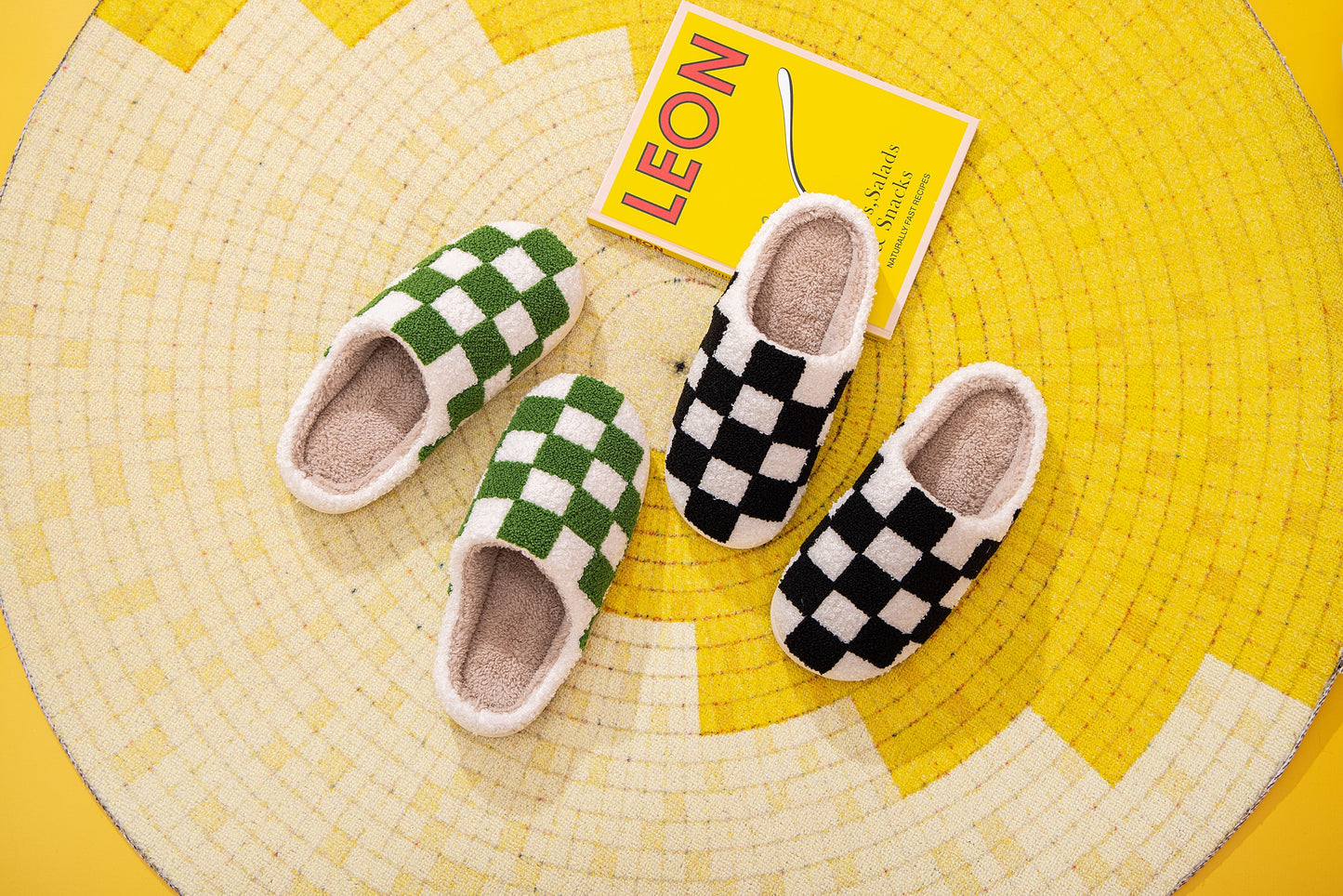 Checkered Pattern Illustrated Comfort Cozy Plush Fluffy Fur Slip On Cushion Slippers