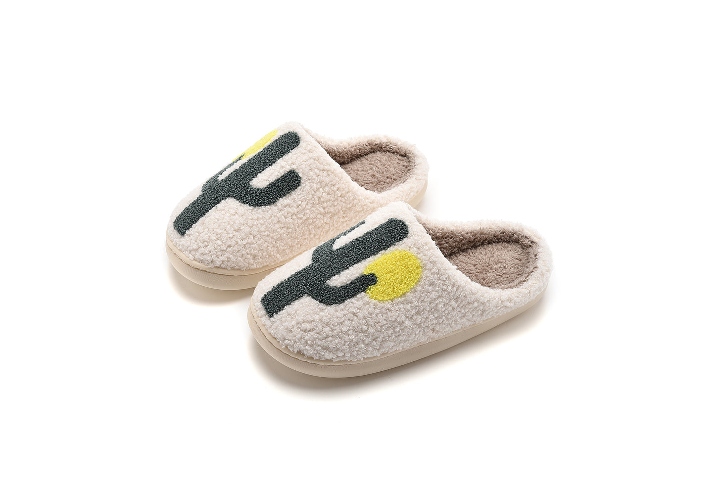 Fun Cactus Illustrated Comfort Cozy Plush Fluffy Fur Slip On Cushion Slippers