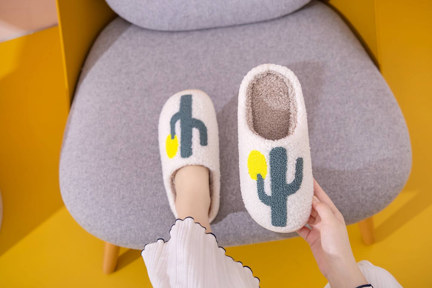 Fun Cactus Illustrated Comfort Cozy Plush Fluffy Fur Slip On Cushion Slippers