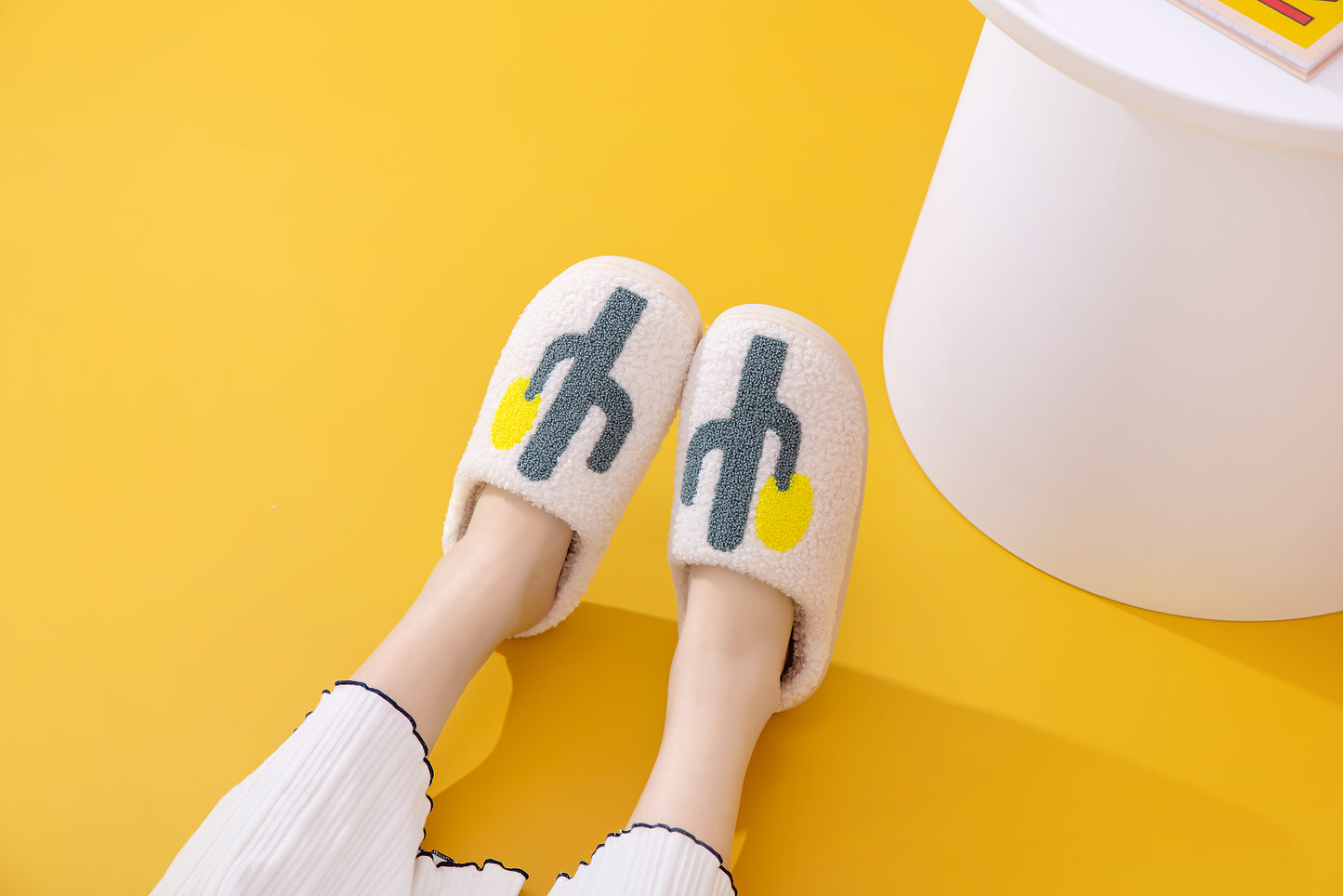 Fun Cactus Illustrated Comfort Cozy Plush Fluffy Fur Slip On Cushion Slippers