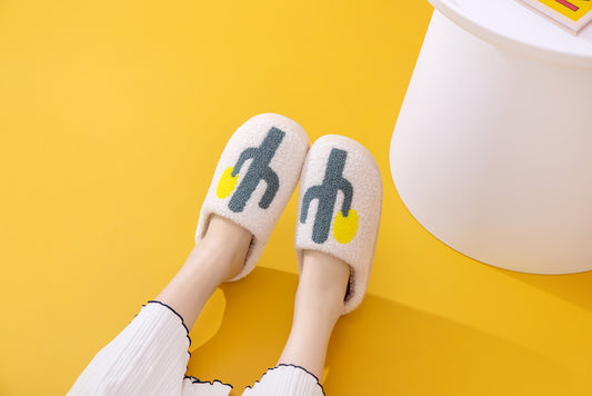 Fun Cactus Illustrated Comfort Cozy Plush Fluffy Fur Slip On Cushion Slippers